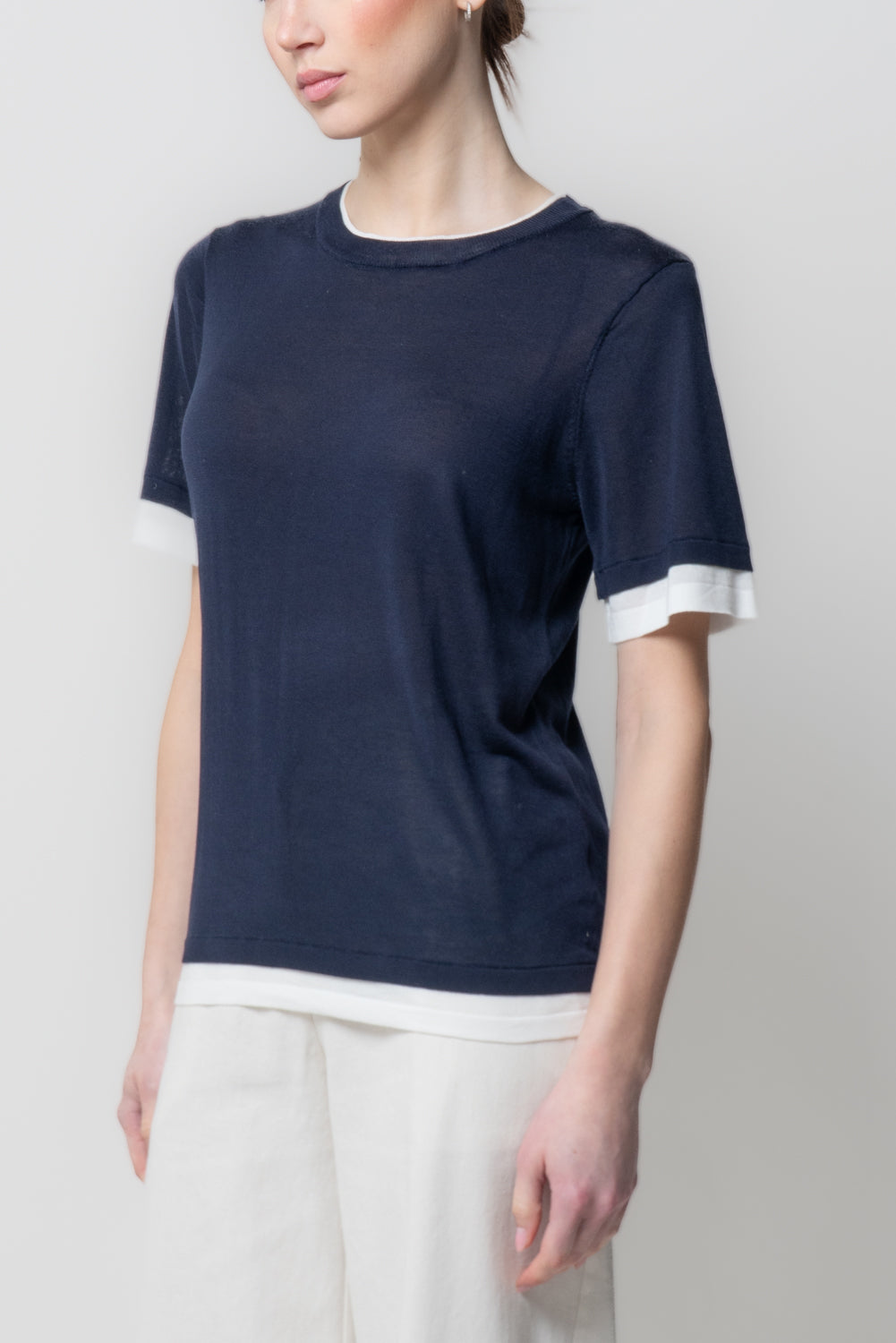 T-shirt in Maglia con Profili a Contrasto