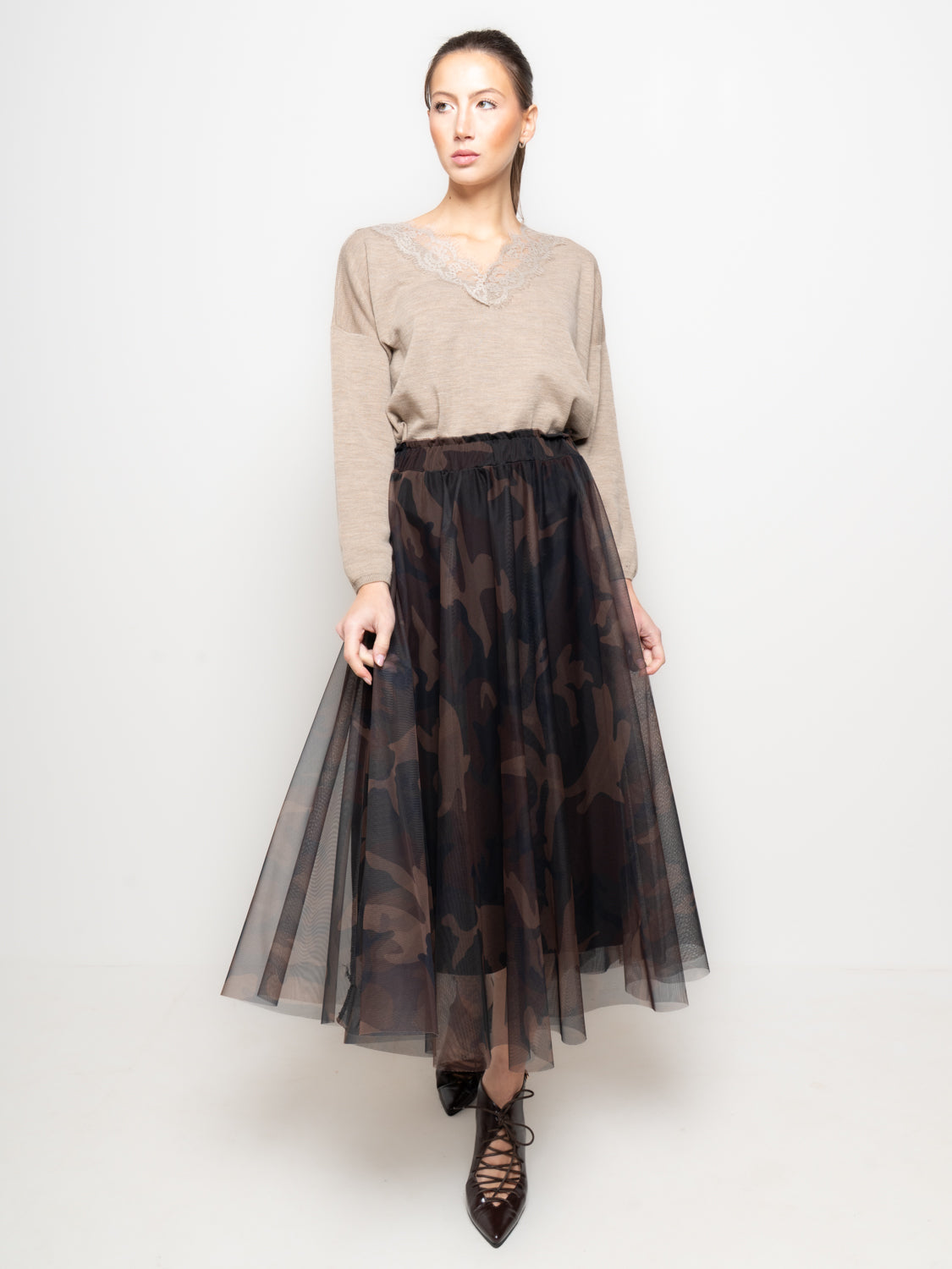 Gonna midi in tulle stampa camouflage
