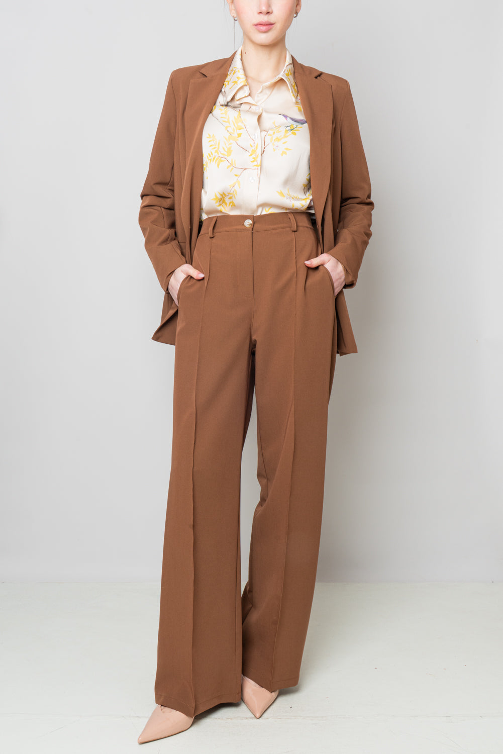 Pantalone palazzo con piega -Tabacco