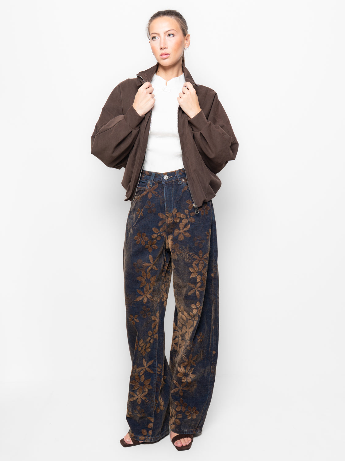 Jeans denim stampa floreale jacquard