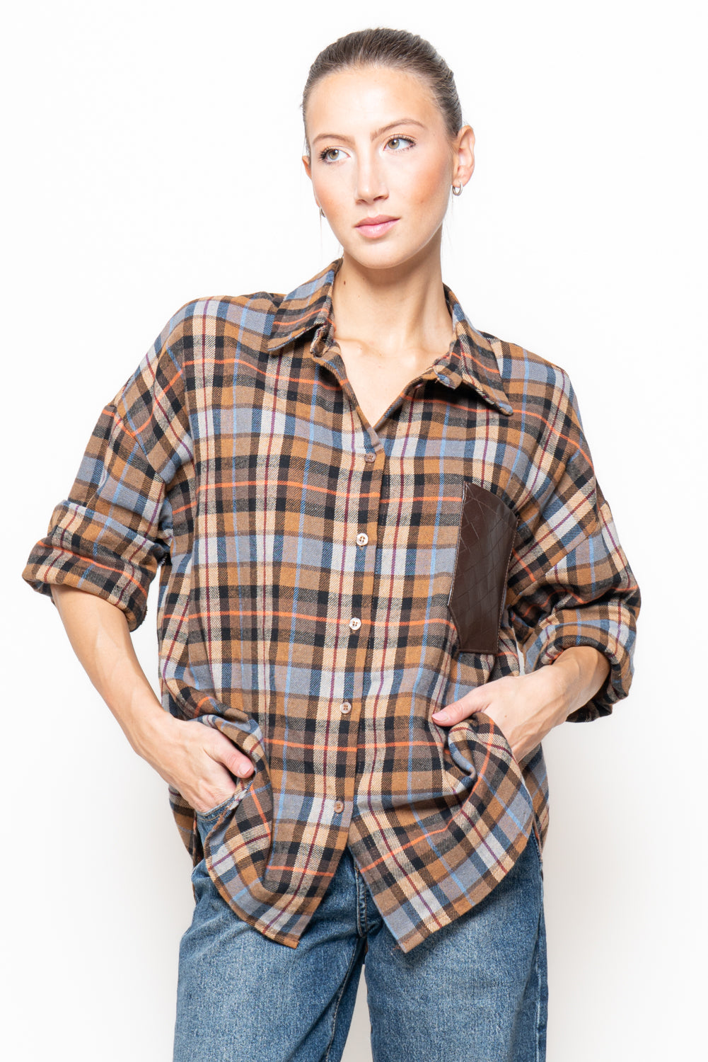 Camicia a quadri con tasca ecopelle