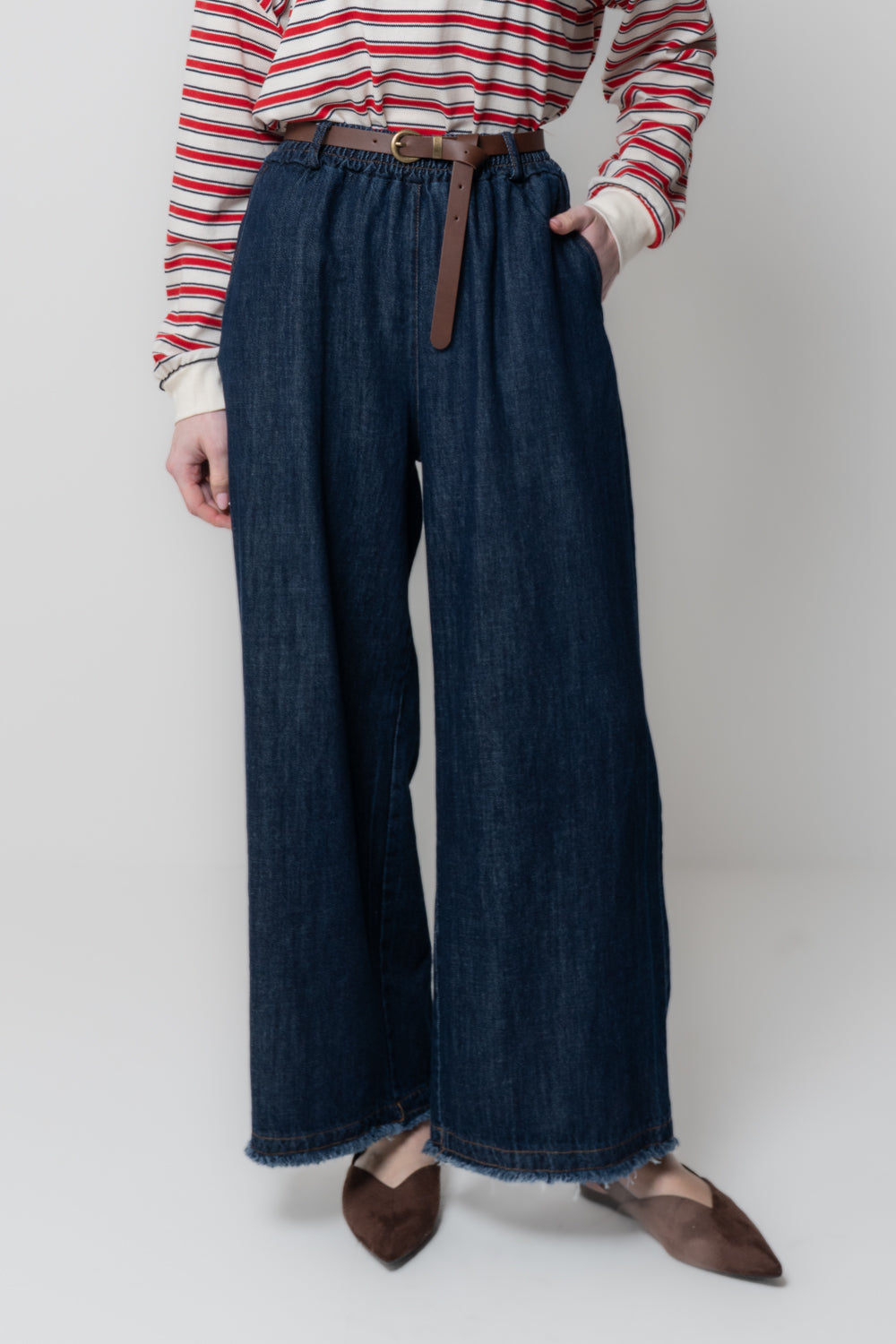 Pantalone a Palazzo in Denim con Cintura