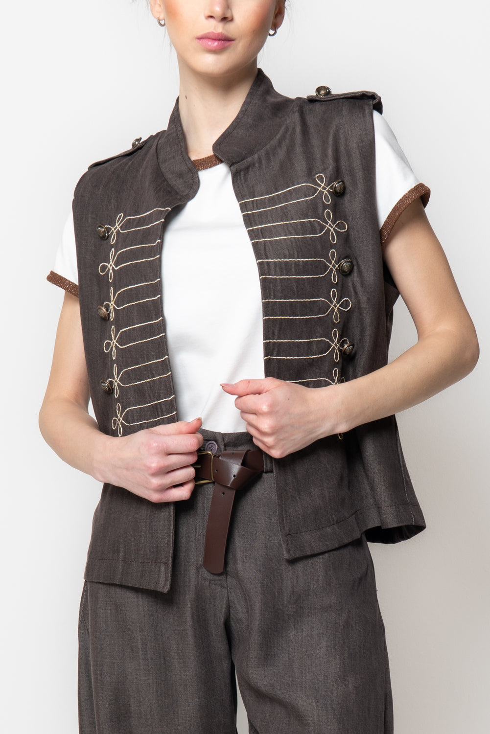Gilet in Denim Stile Militare con Alamari