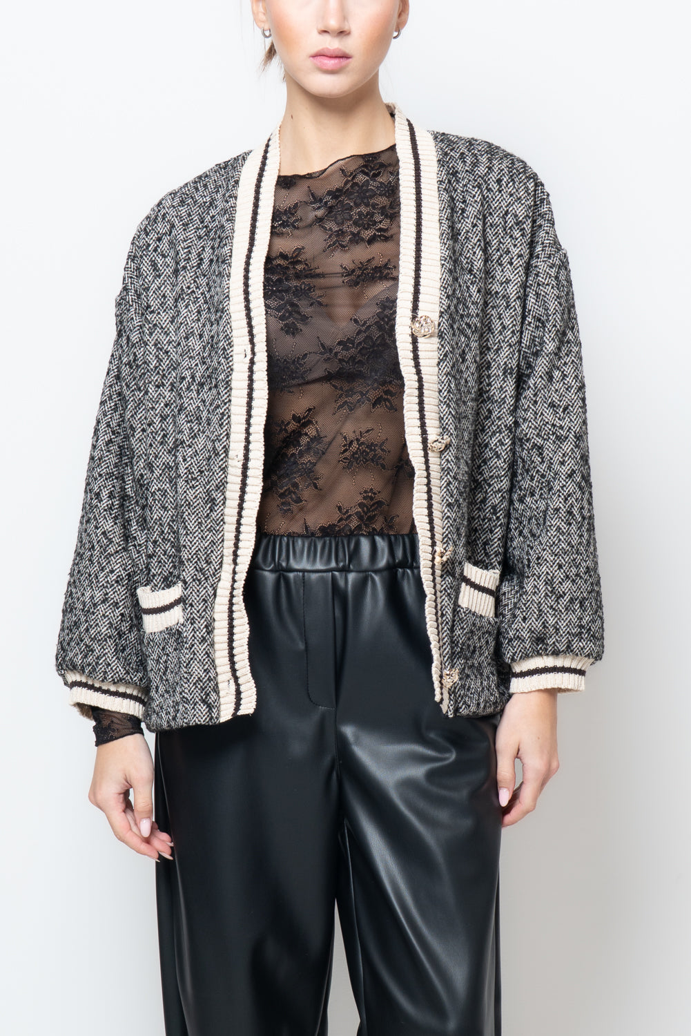 Giacca a cardigan in tessuto spigato