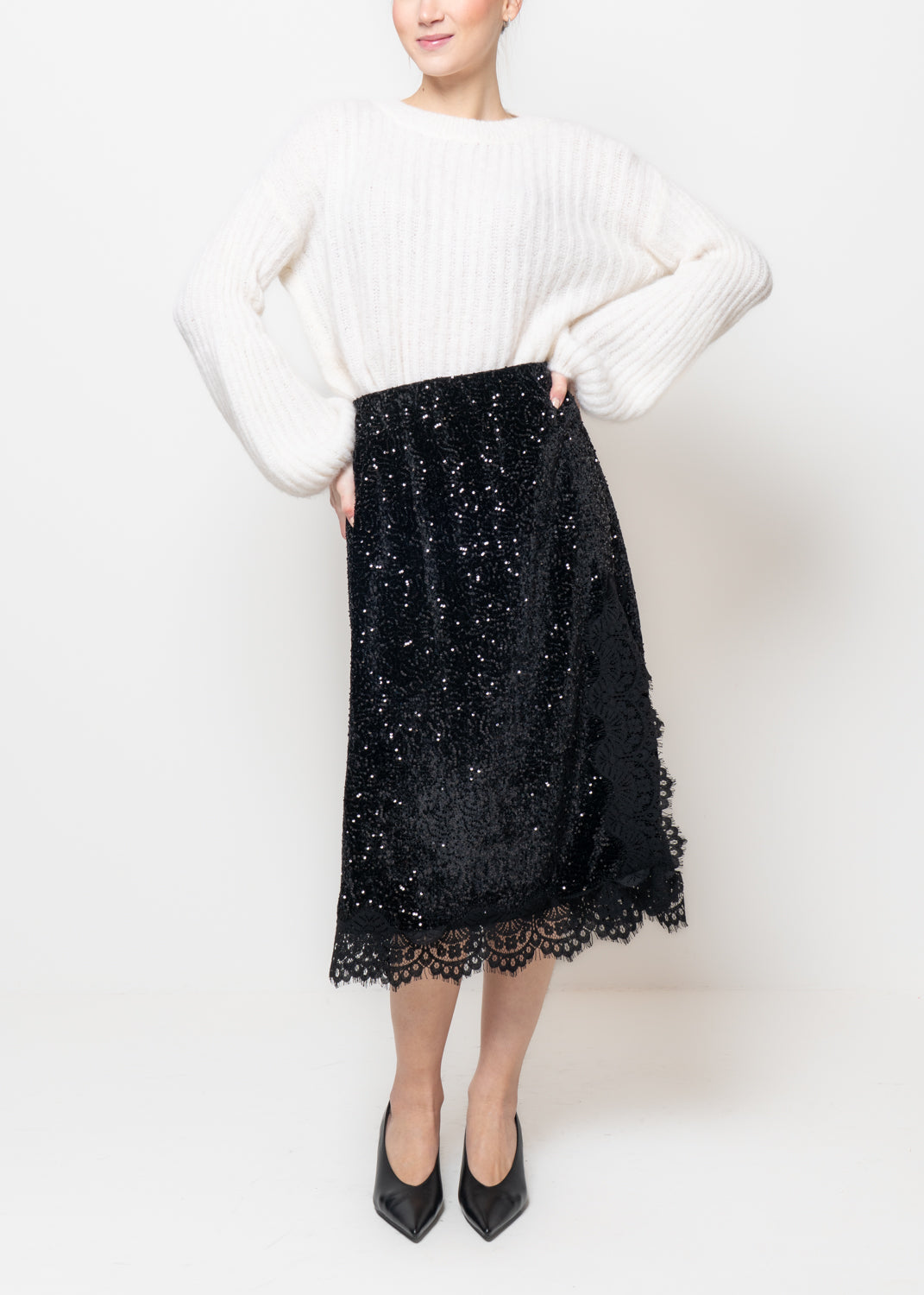 Gonna midi in paillettes e ciniglia