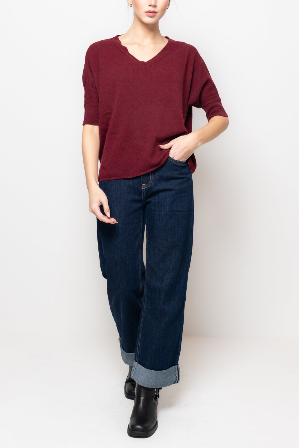 Maglia misto cashmere  manica corta scollo V