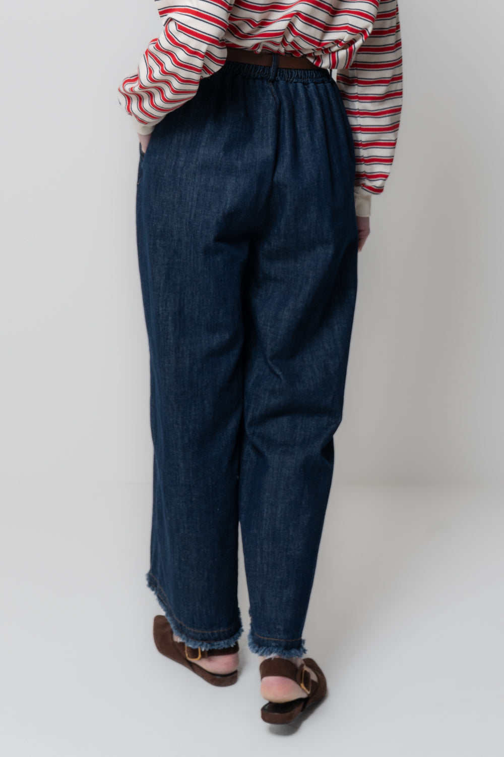 Pantalone a Palazzo in Denim con Cintura