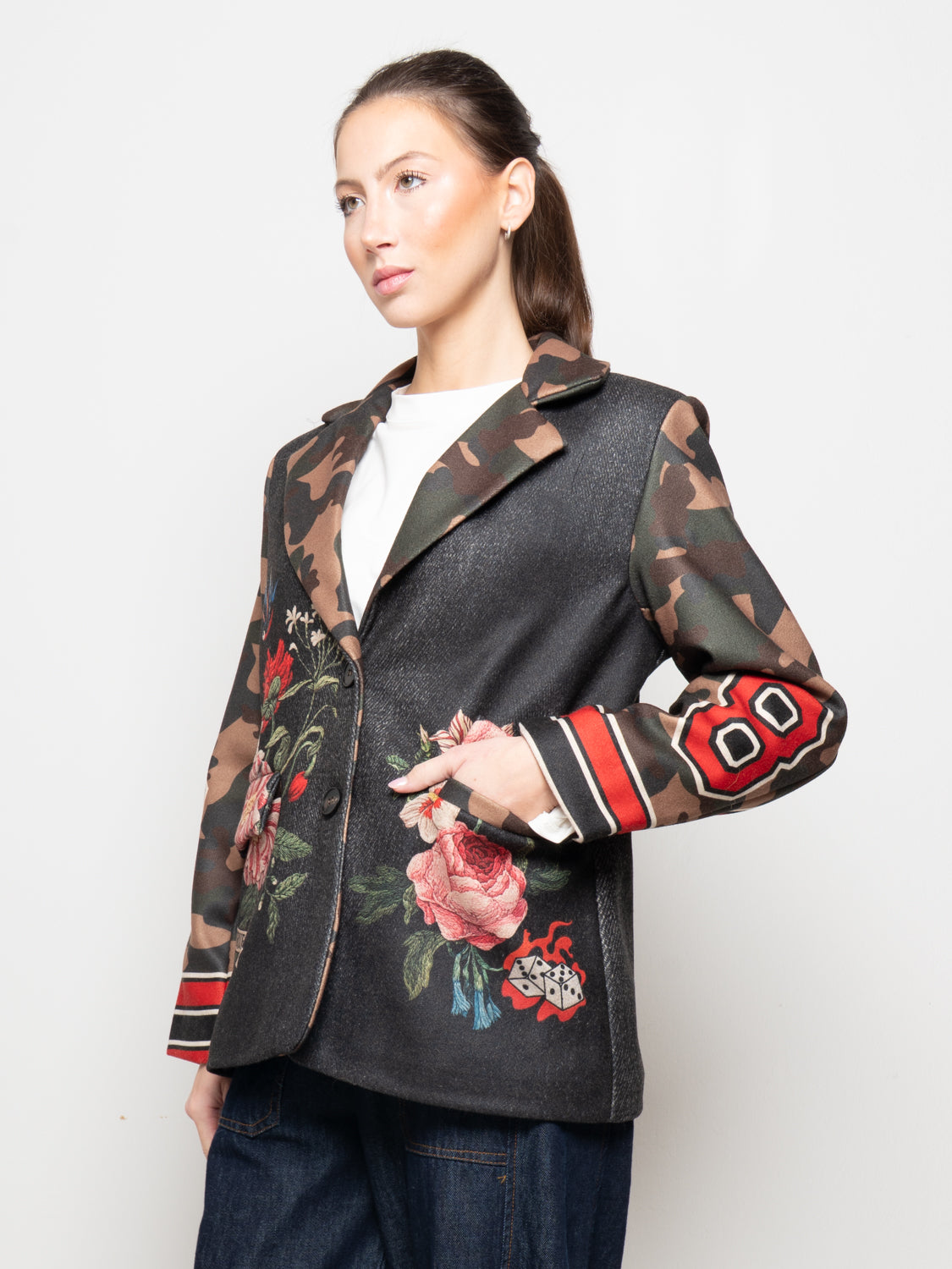 Giacca fantasia patchwork a motivo stampato