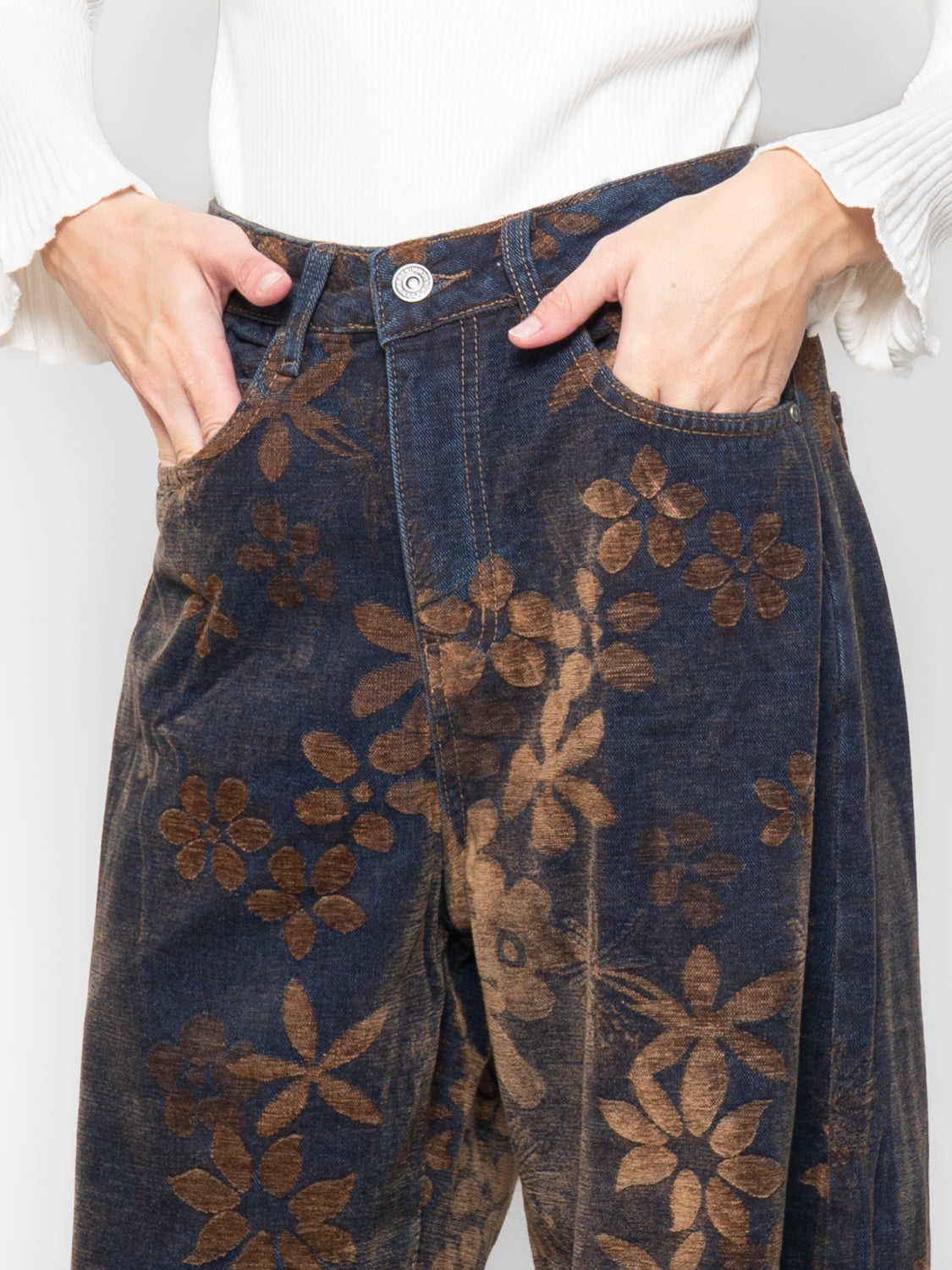 Jeans denim stampa floreale jacquard