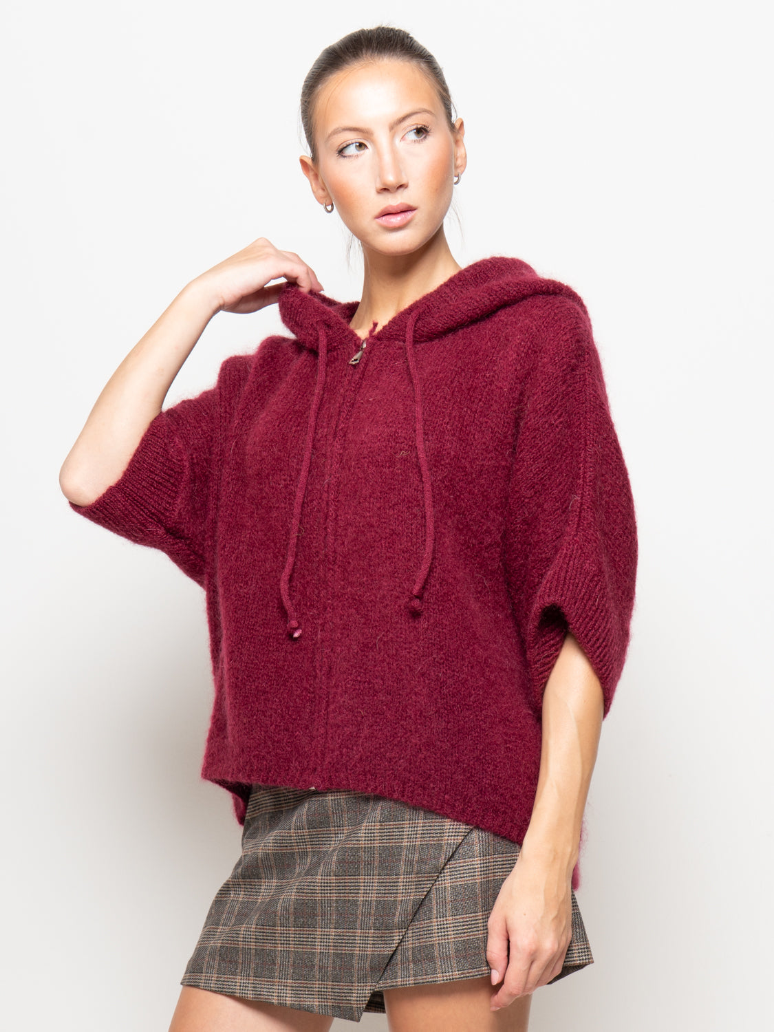 Cardigan con cappuccio in maglia mohair e zip