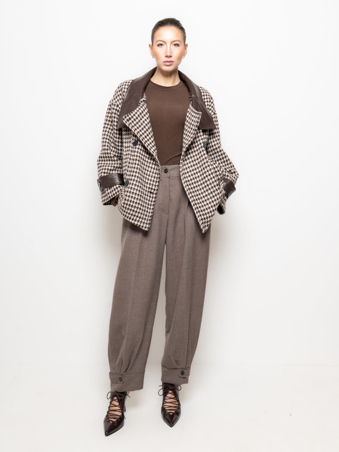 Giacca pied-de-poule con dettagli in similpelle