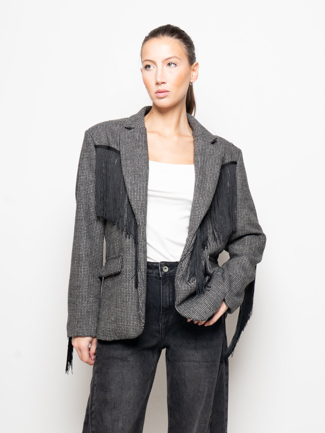 Blazer in pied de poule con frange
