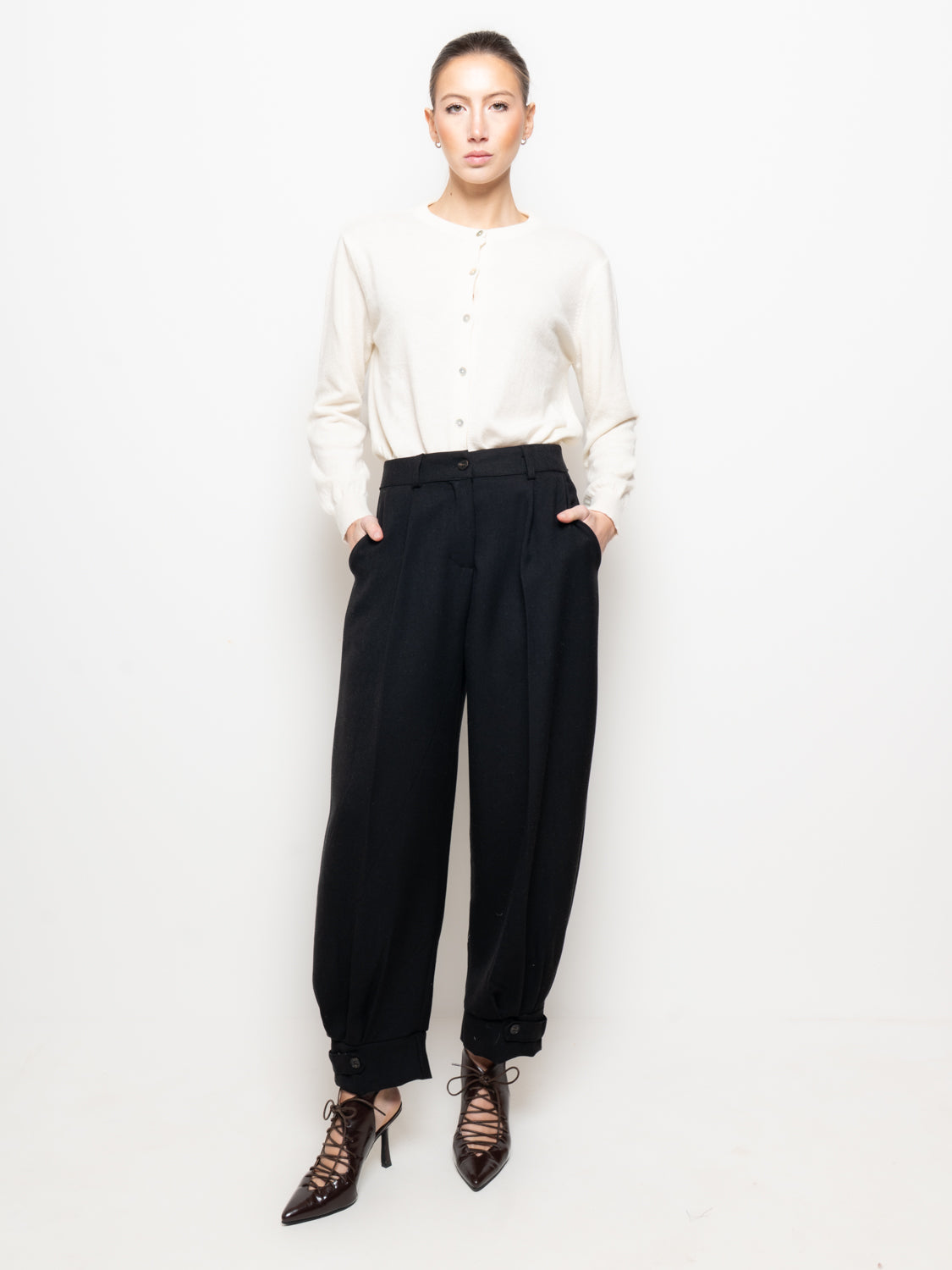 Pantalone cropped a vita alta con polsino