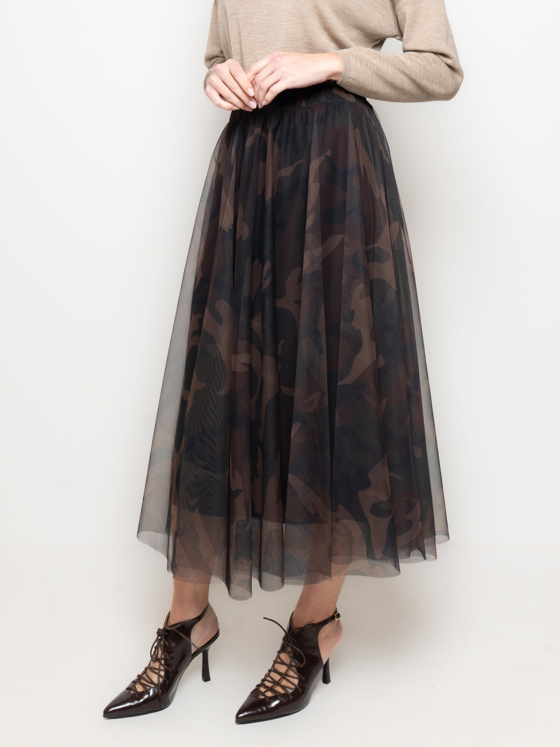 Gonna midi in tulle stampa camouflage