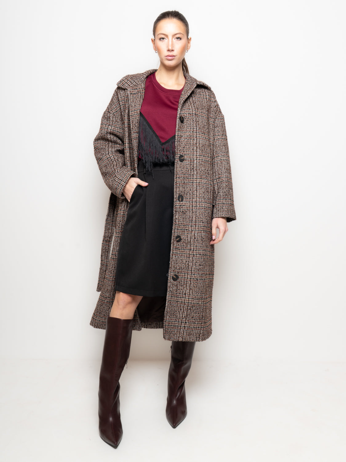 Cappotto check a quadri con cintura