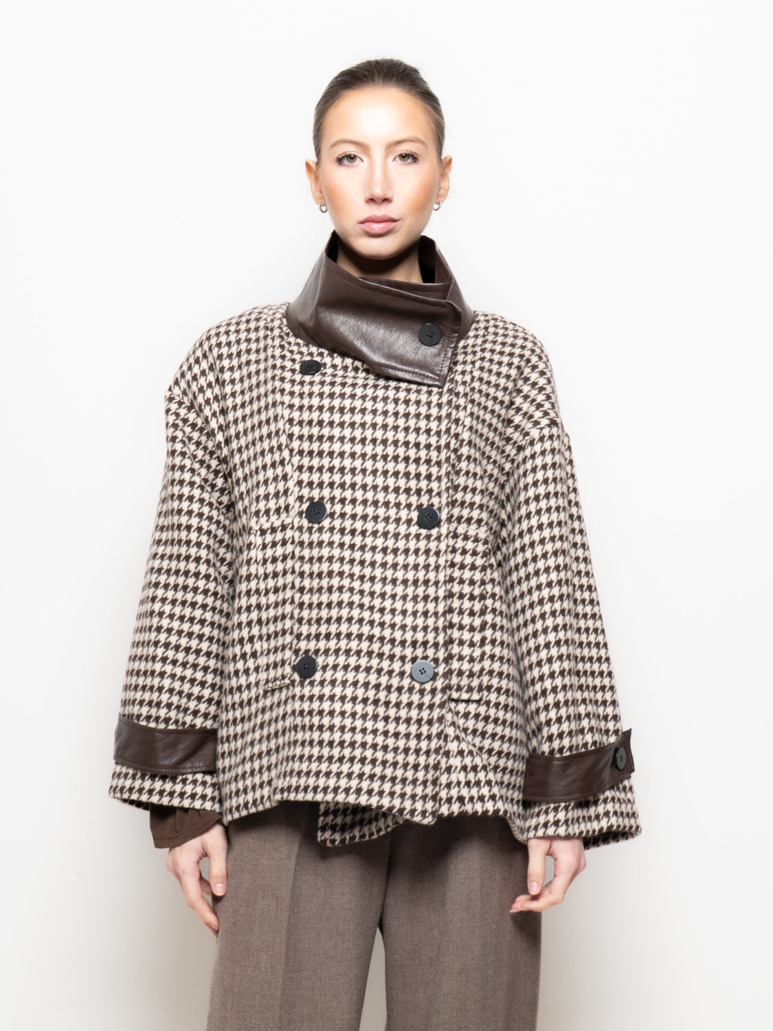 Giacca pied-de-poule con dettagli in similpelle