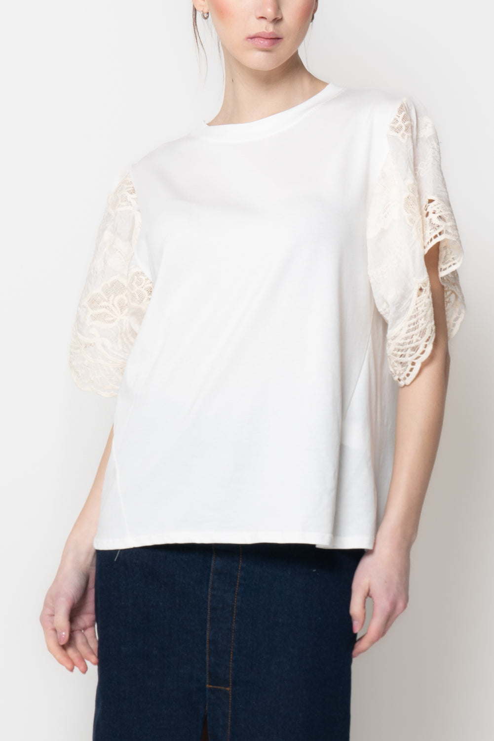 T-shirt con Maniche in Pizzo Sangallo