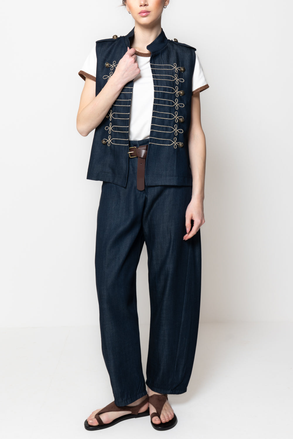 Gilet in Denim Stile Militare con Alamari