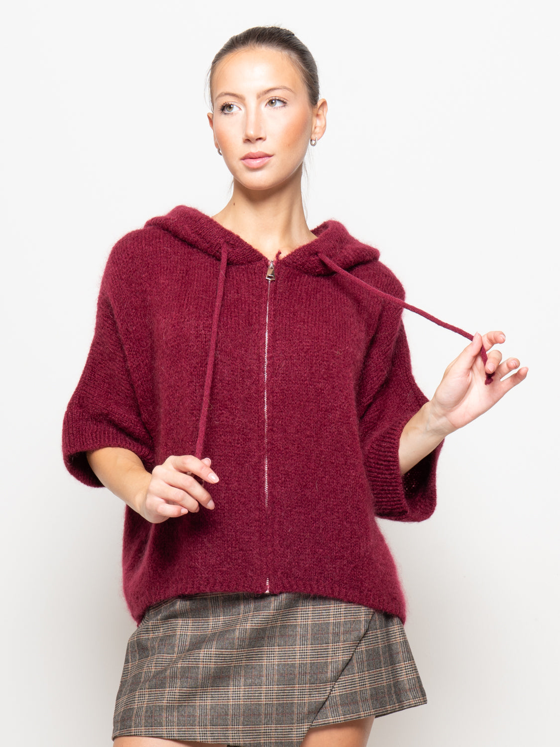 Cardigan con cappuccio in maglia mohair e zip