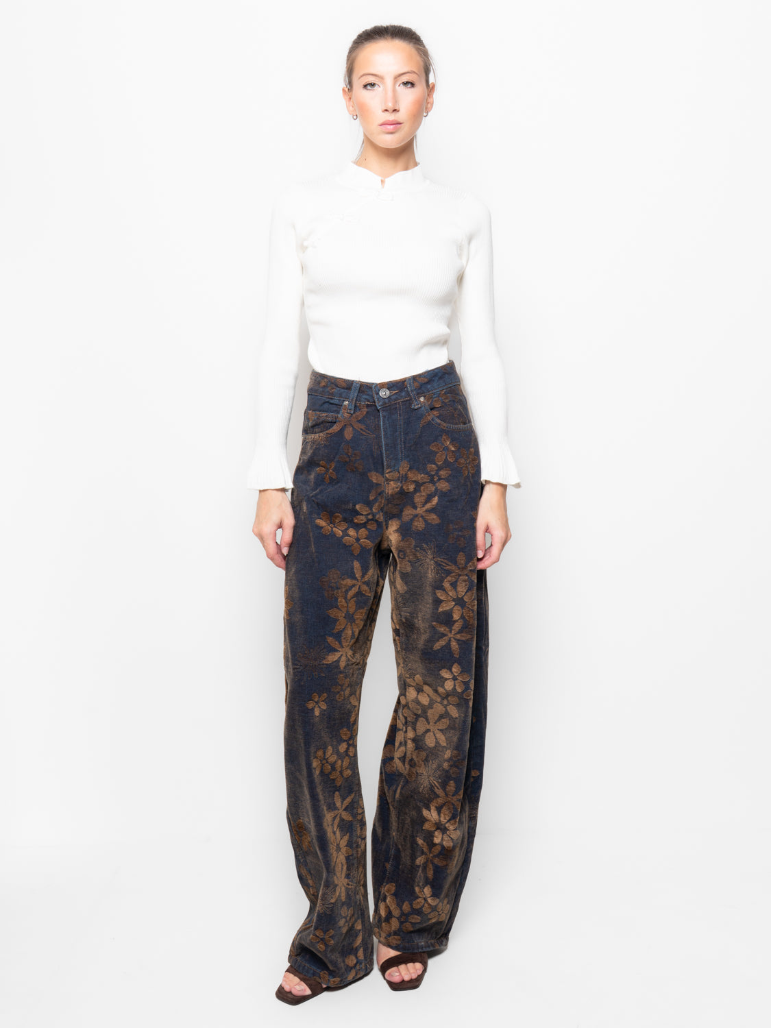 Jeans denim stampa floreale jacquard
