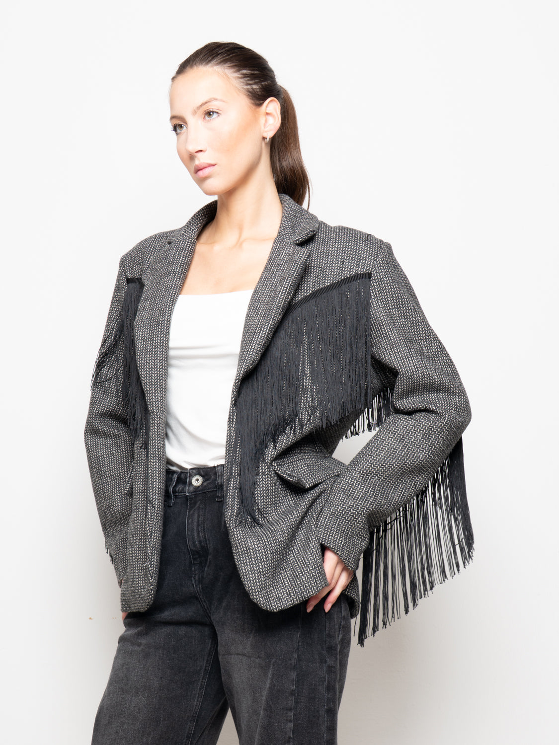 Blazer in pied de poule con frange