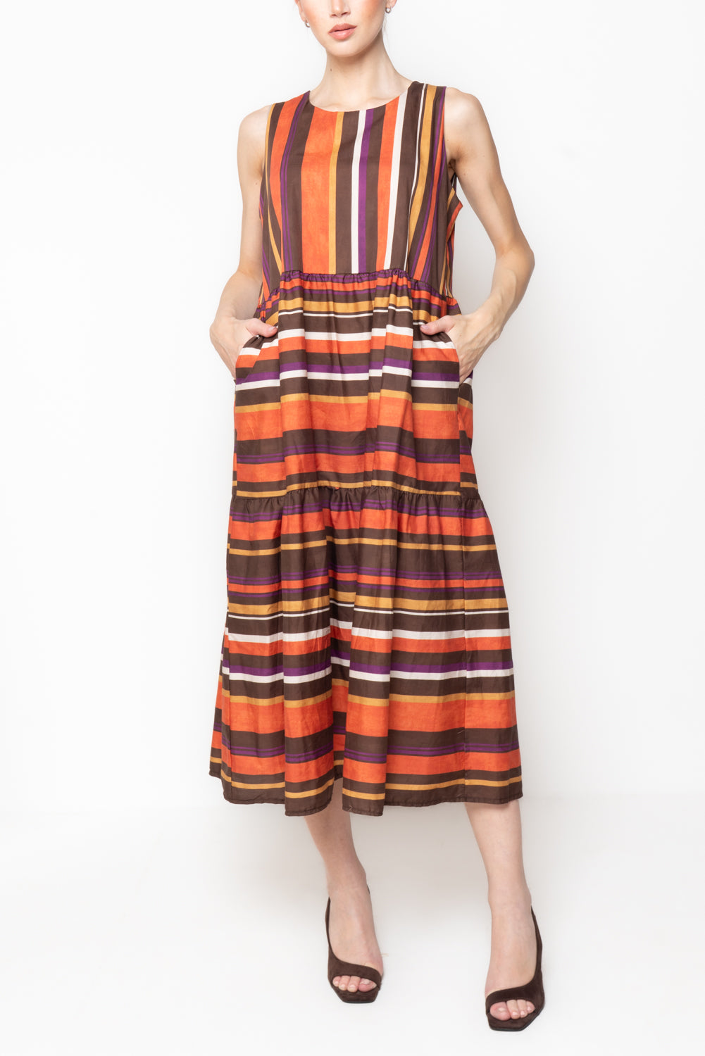 Abito Lungo a Balze a righe multicolor