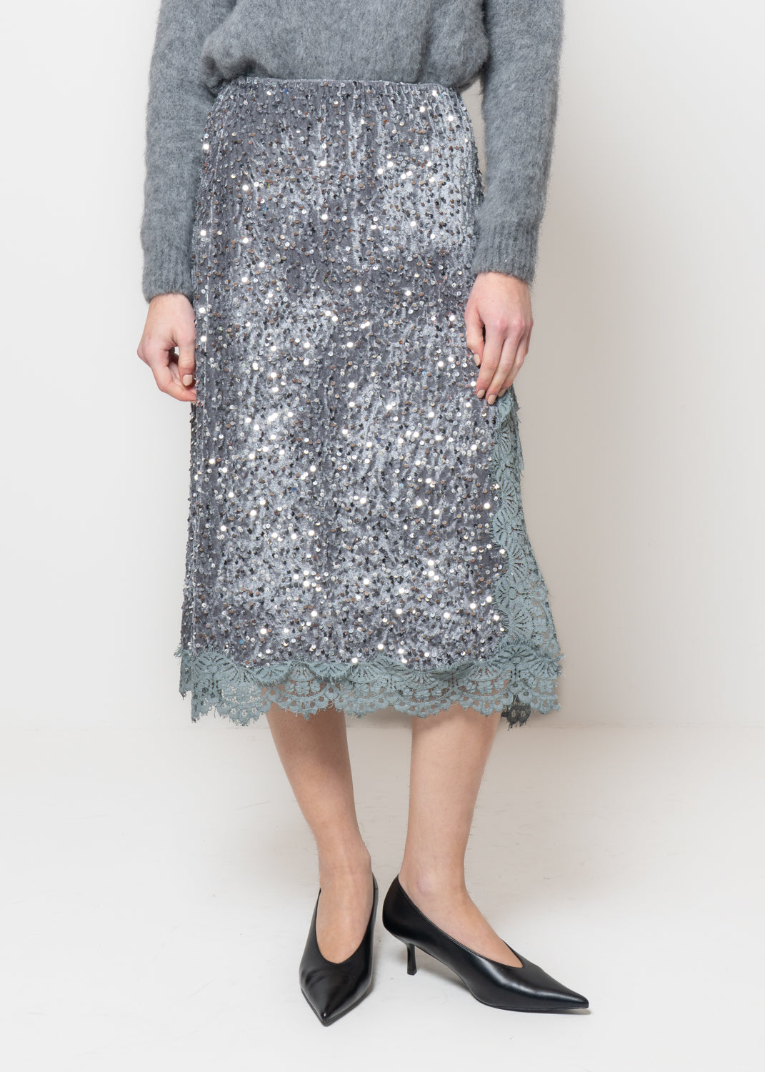 Gonna midi in paillettes e ciniglia