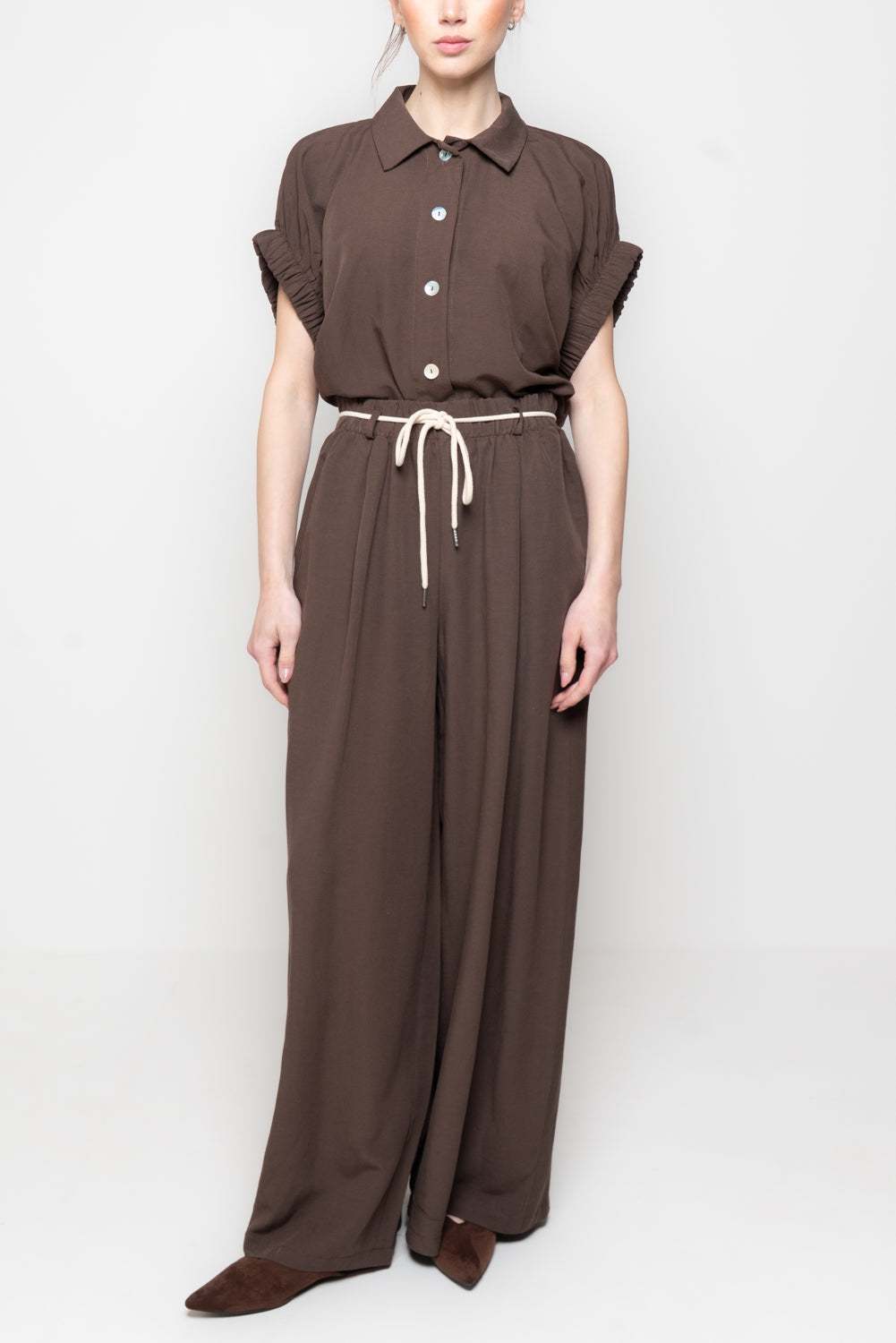 Pantalone palazzo in misto lino con cinturino