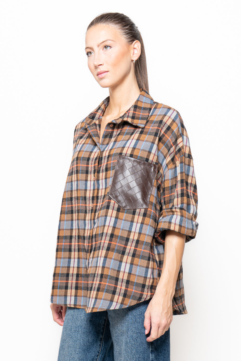 Camicia a quadri con tasca ecopelle
