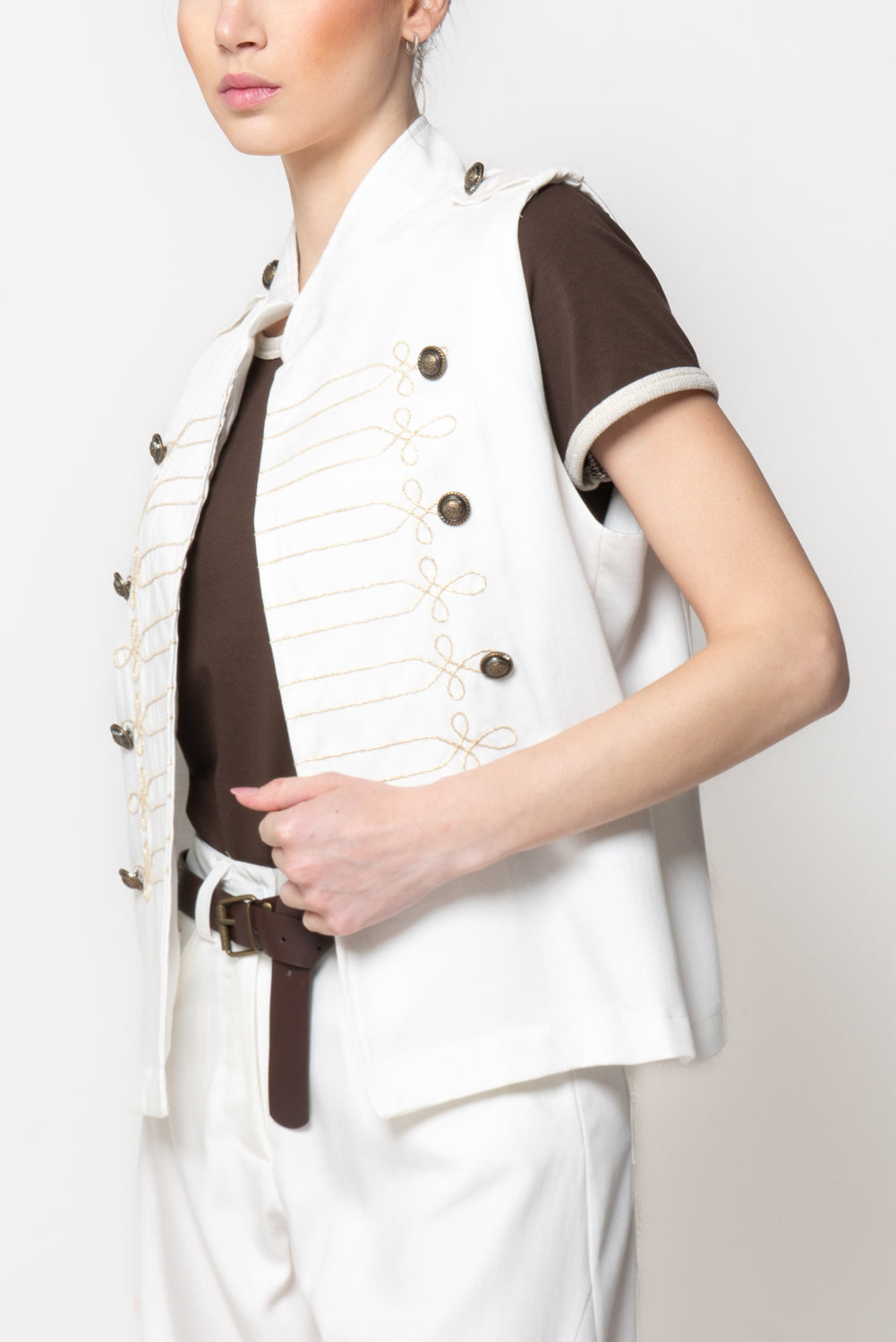 Gilet in Denim Stile Militare con Alamari