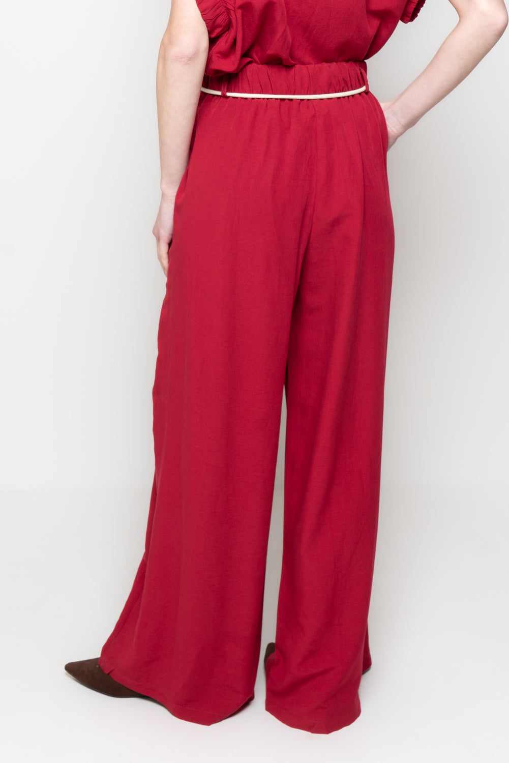 Pantalone palazzo in misto lino con cinturino