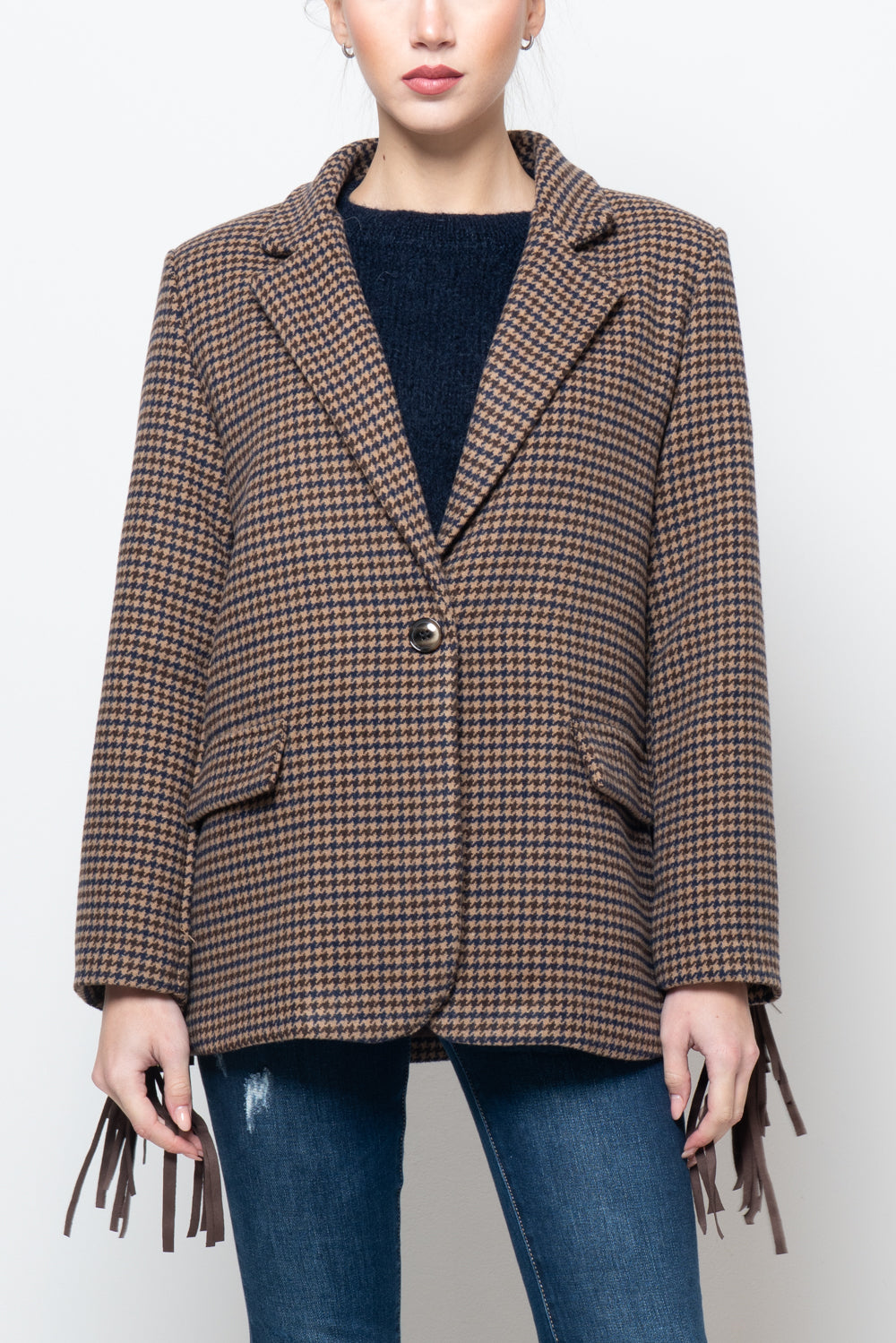 Giacca pied de poule con frange