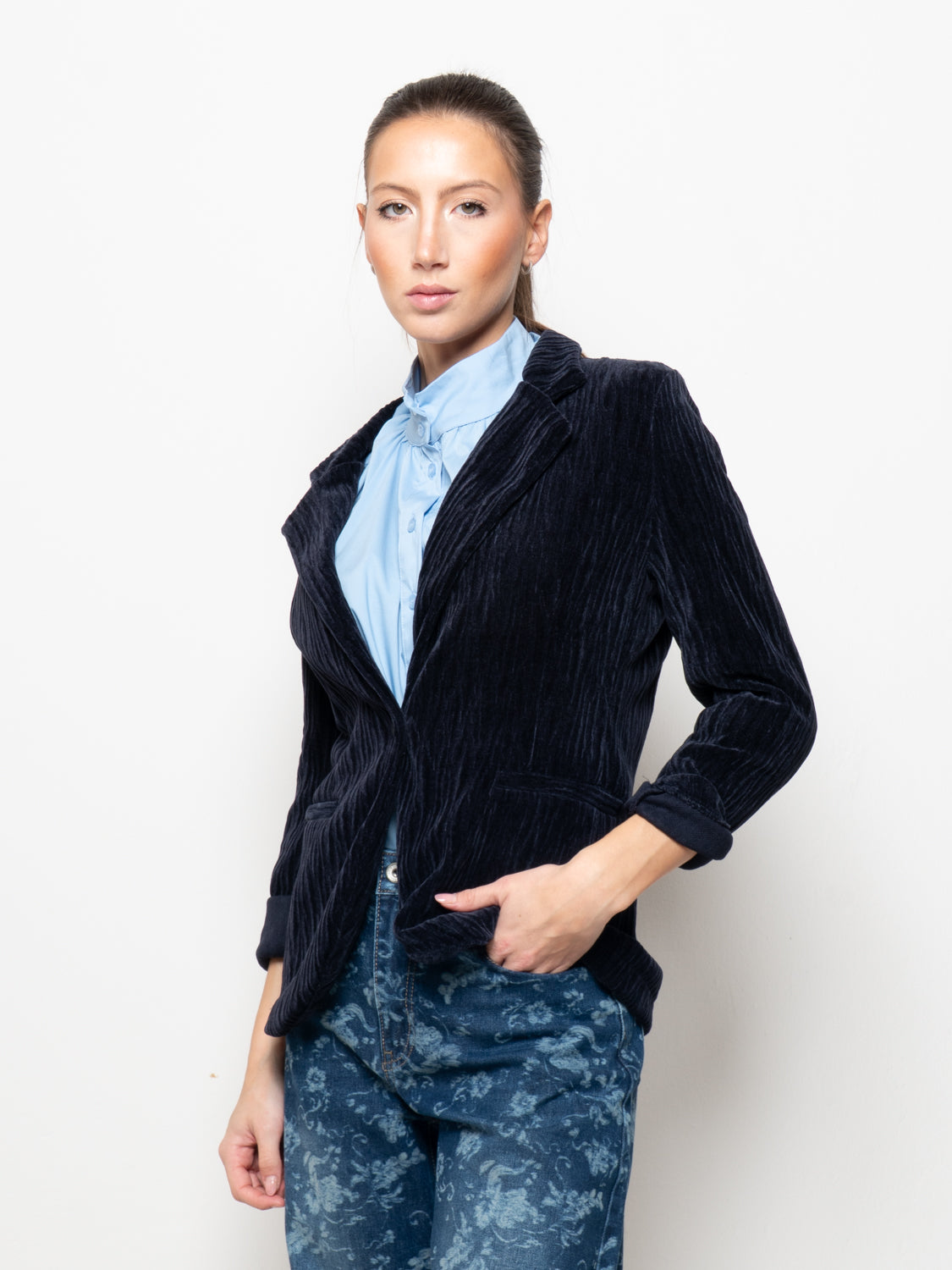 Blazer monopetto in velluto rigato
