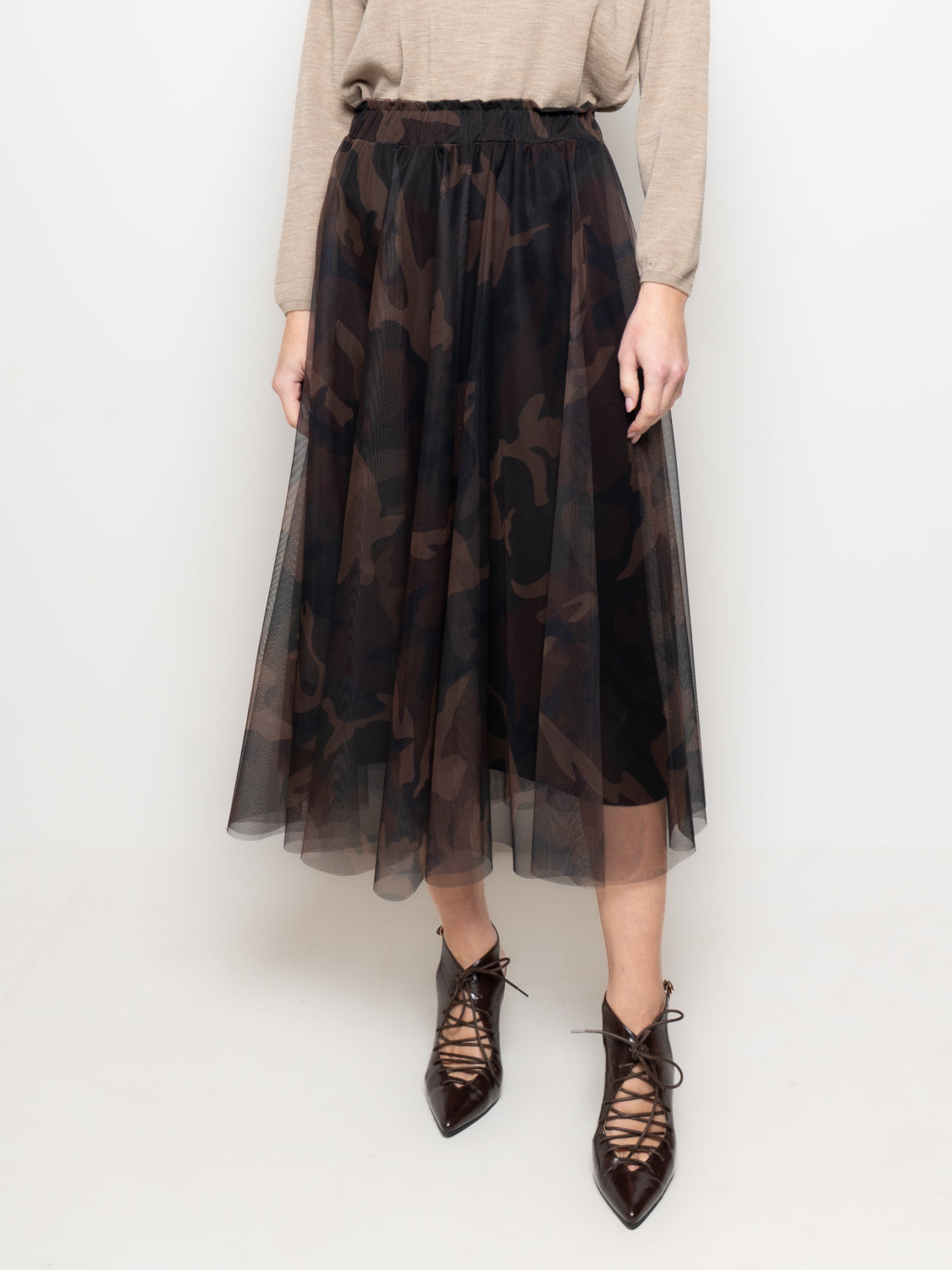 Gonna midi in tulle stampa camouflage
