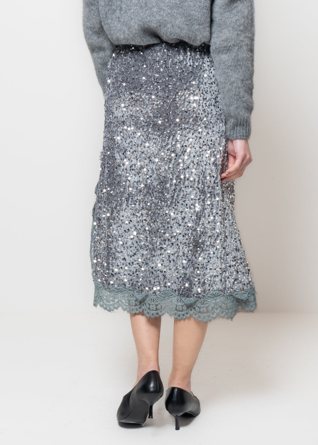 Gonna midi in paillettes e ciniglia