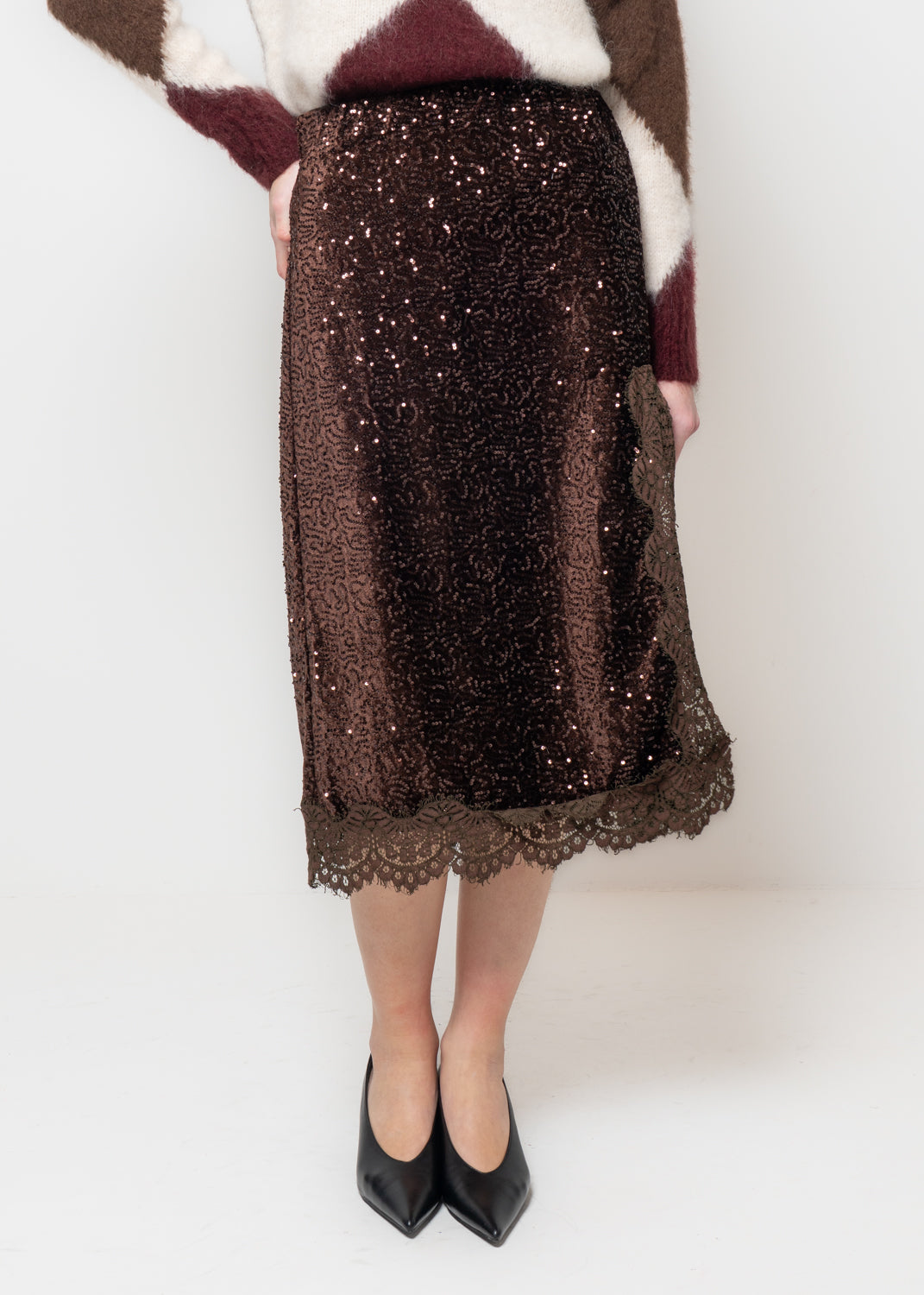 Gonna midi in paillettes e ciniglia