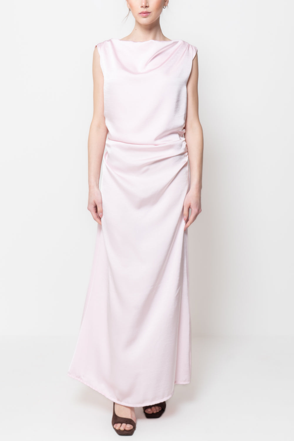 Abito Lungo in Satin con Drappeggio