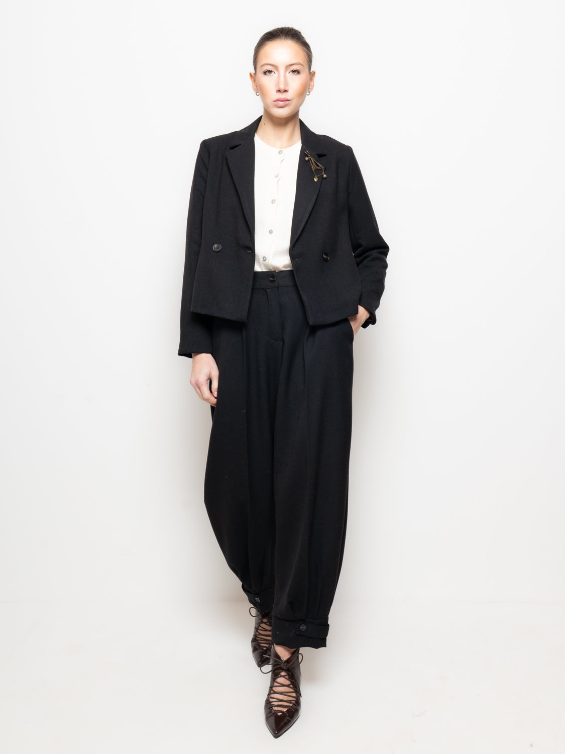 Pantalone cropped a vita alta con polsino