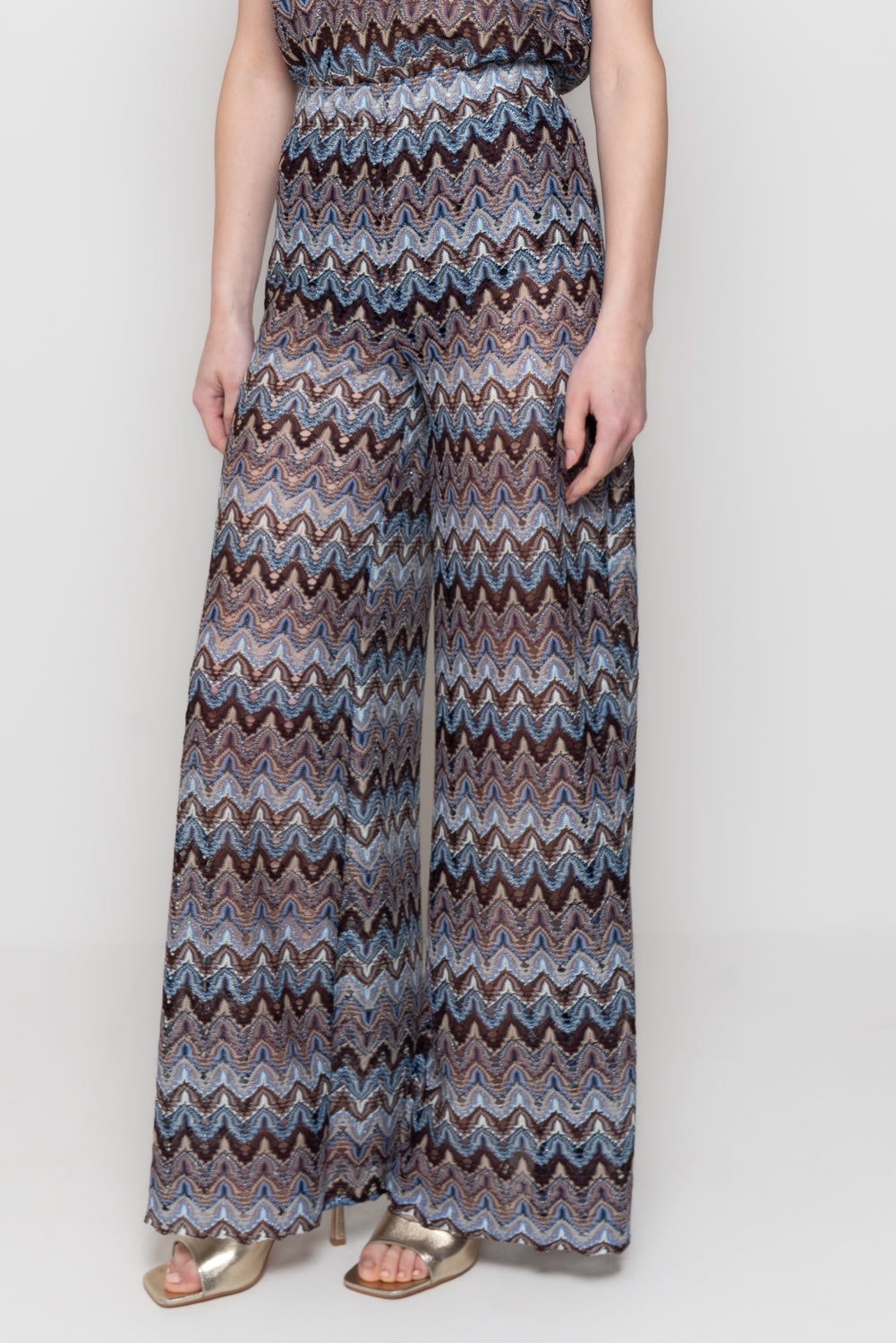 Pantaloni Palazzo in Maglia con Motivo Geometrico