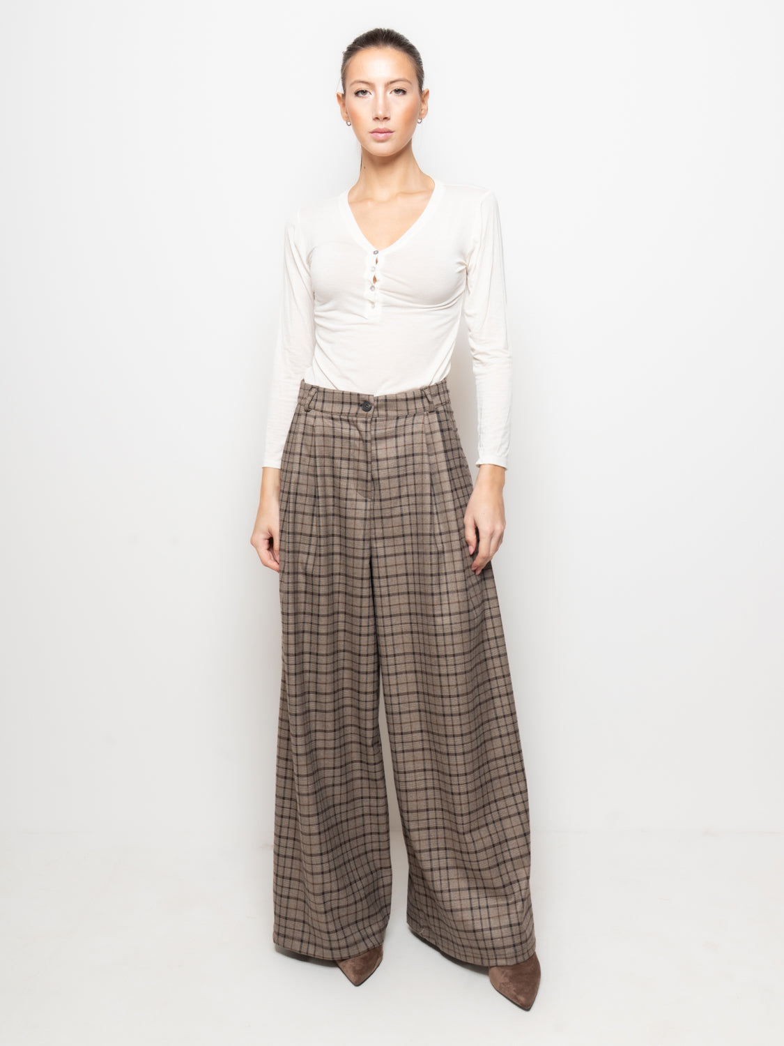 Pantalone culotte a quadri vita alta
