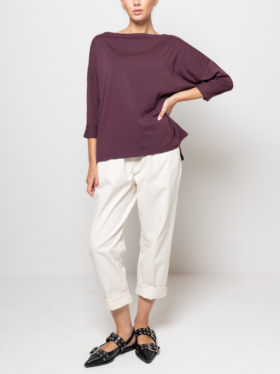 T shirt a manica lunga con scollo a barca