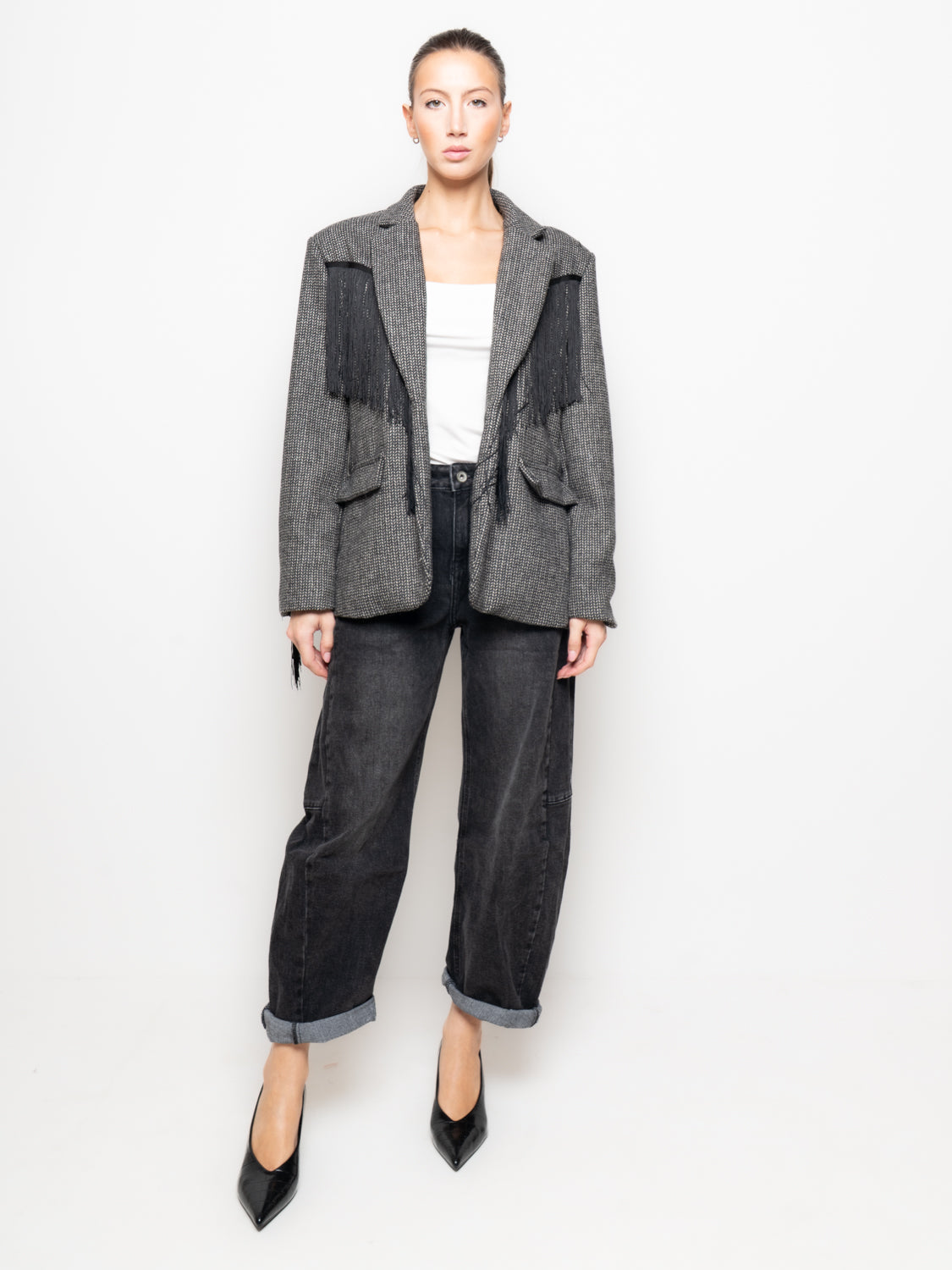 Blazer in pied de poule con frange