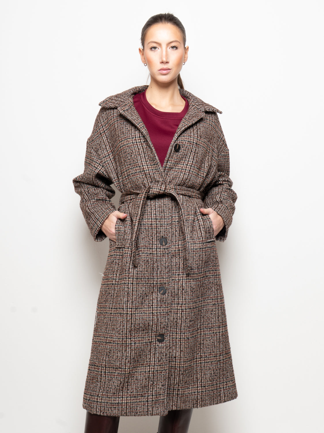 Cappotto check a quadri con cintura
