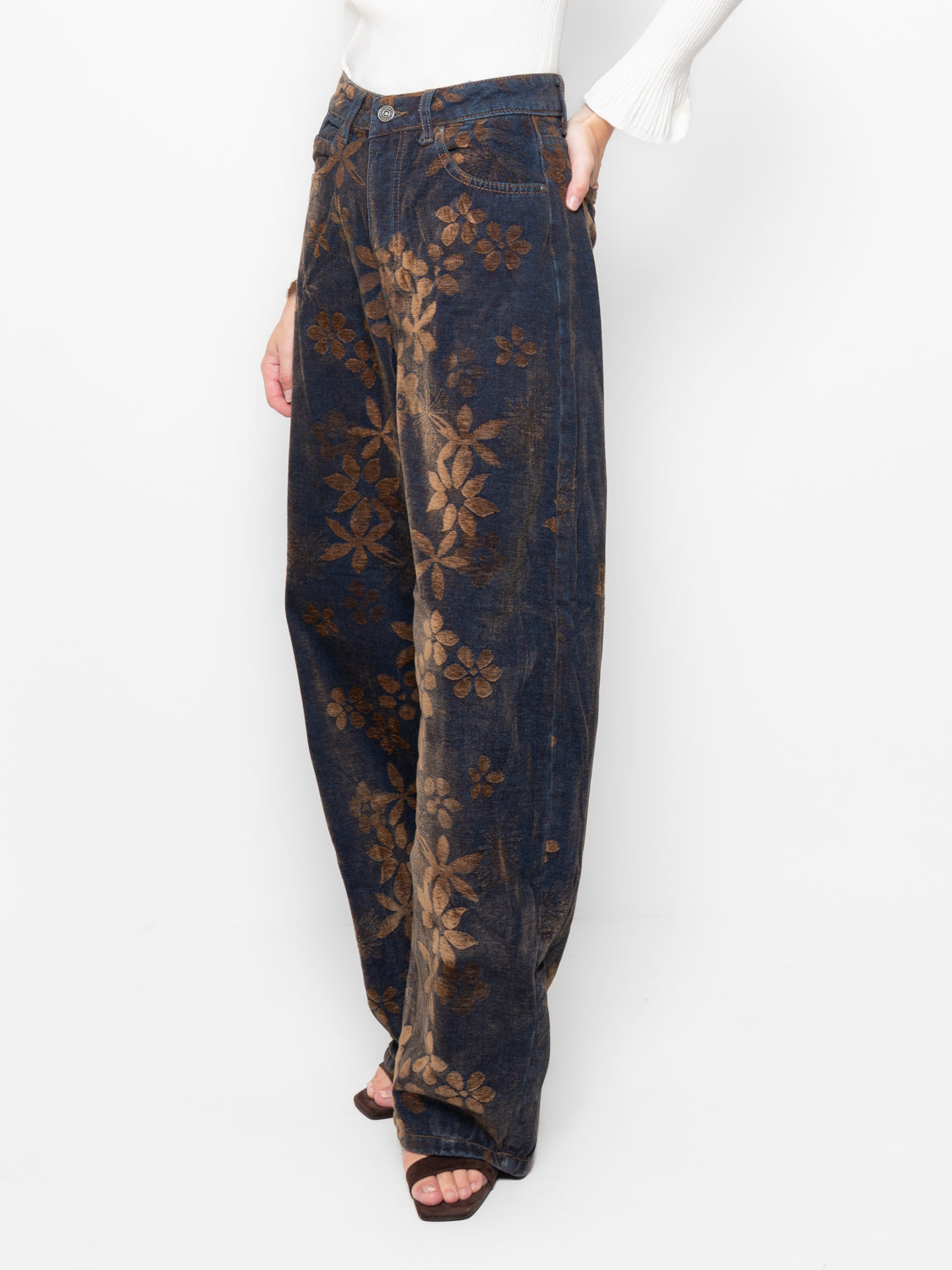 Jeans denim stampa floreale jacquard