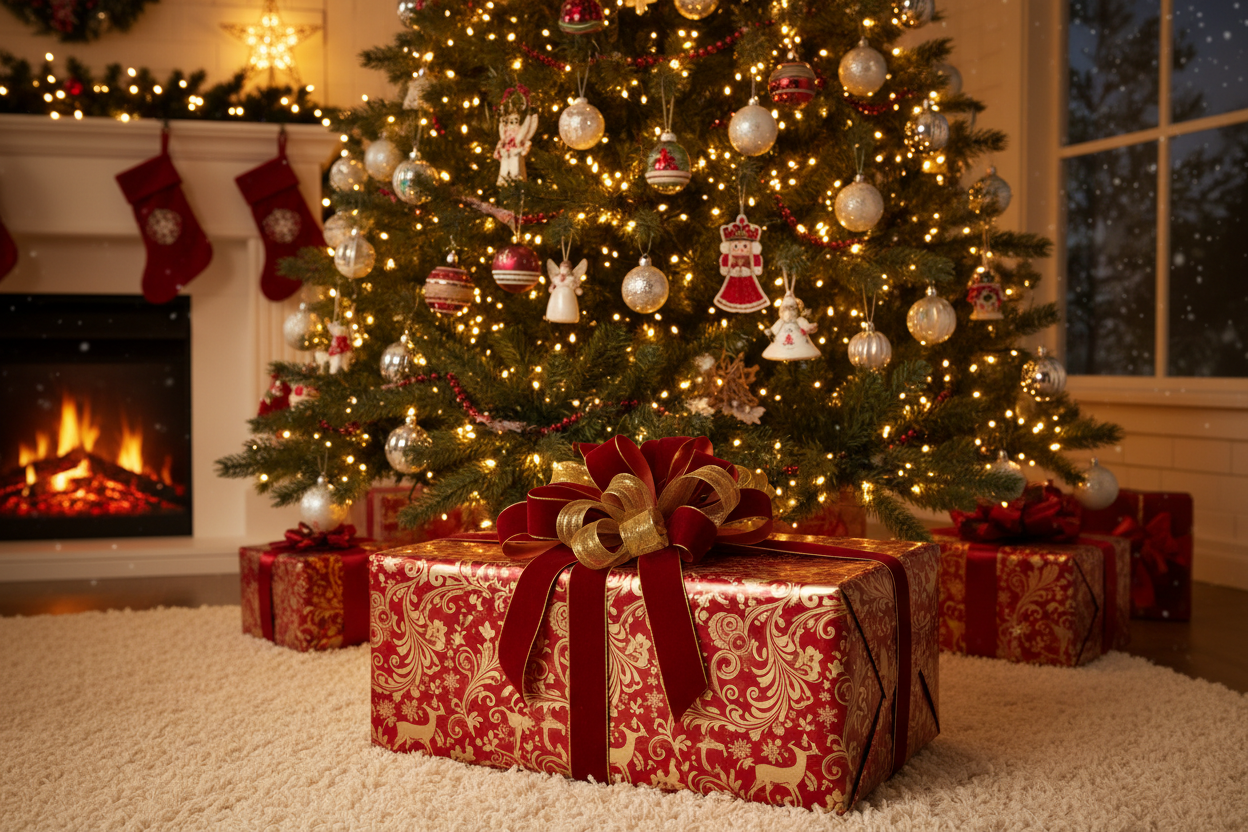 un paco regalo grande sotto l'albero di natale