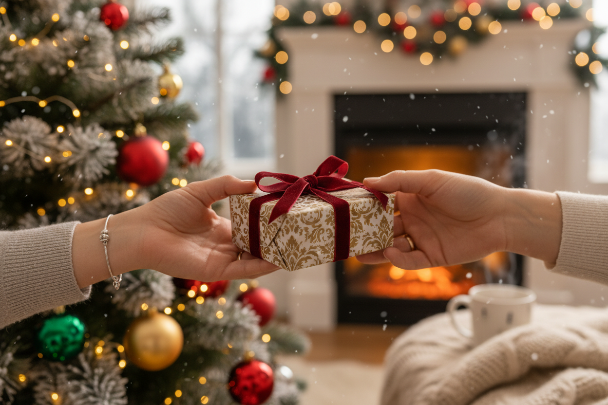 una mano che dona all'altra un piccolo regalo in contesto natalizio
