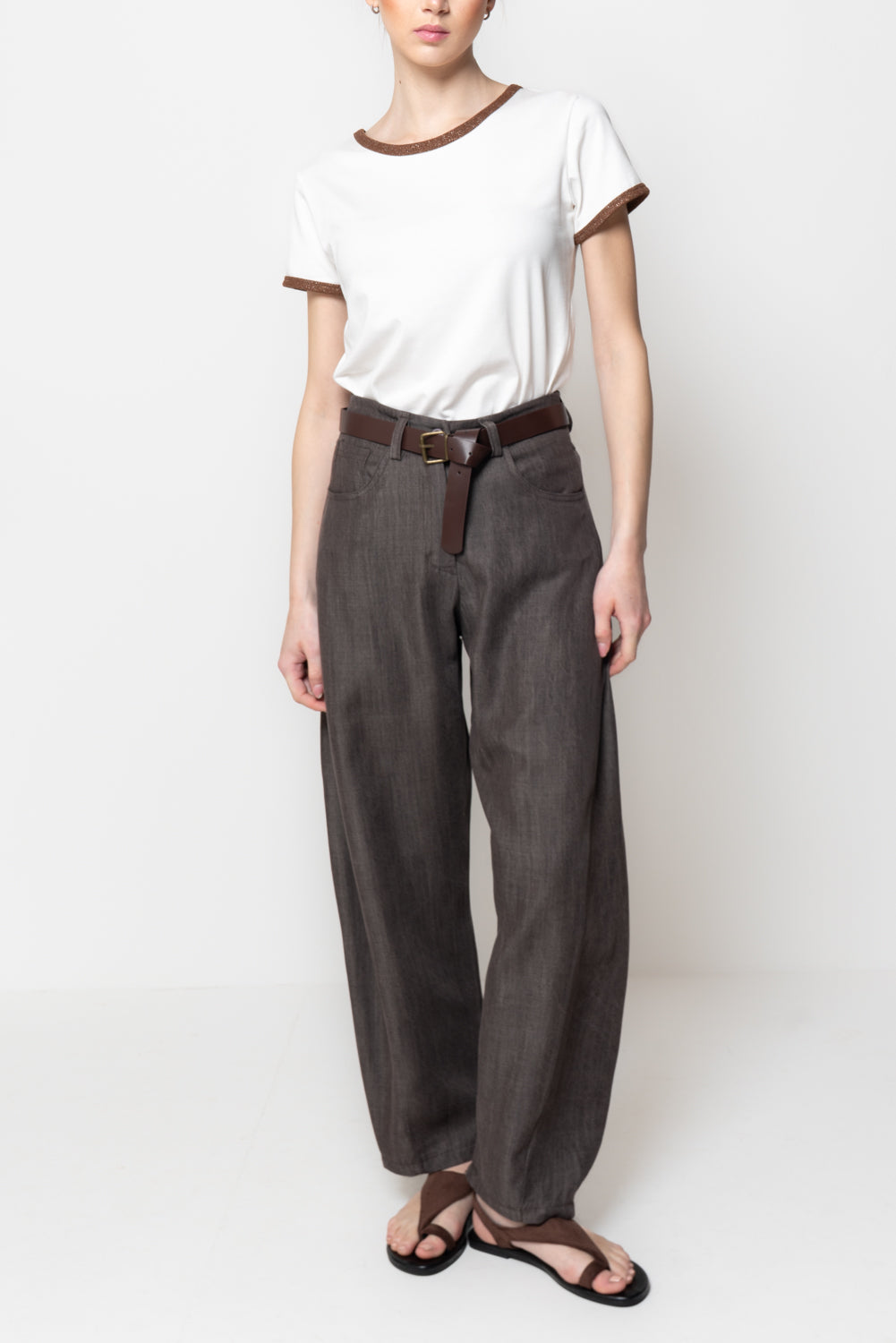 Pantalone Barrel in Denim Leggero con Cintura