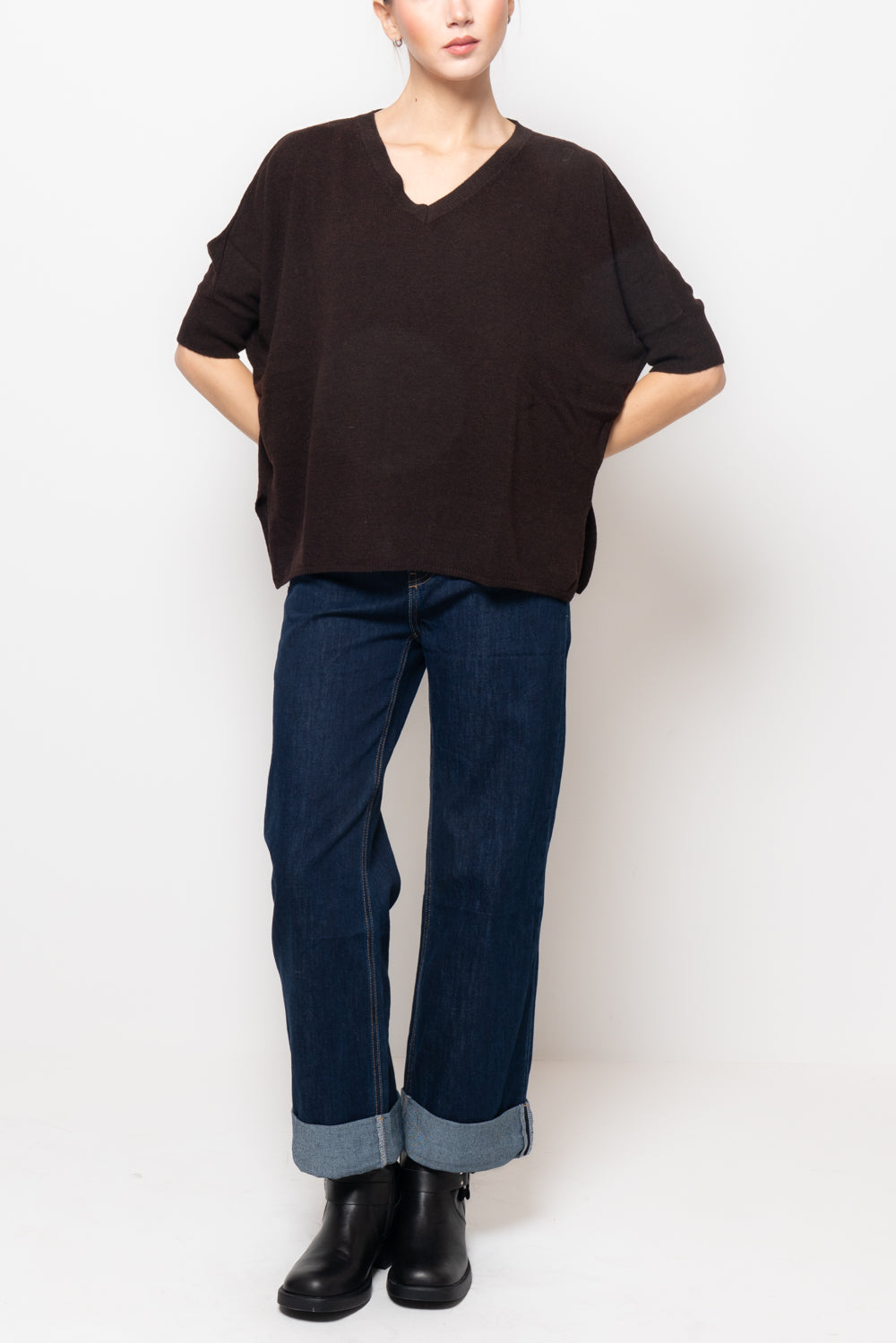 Maglia misto cashmere  manica corta scollo V