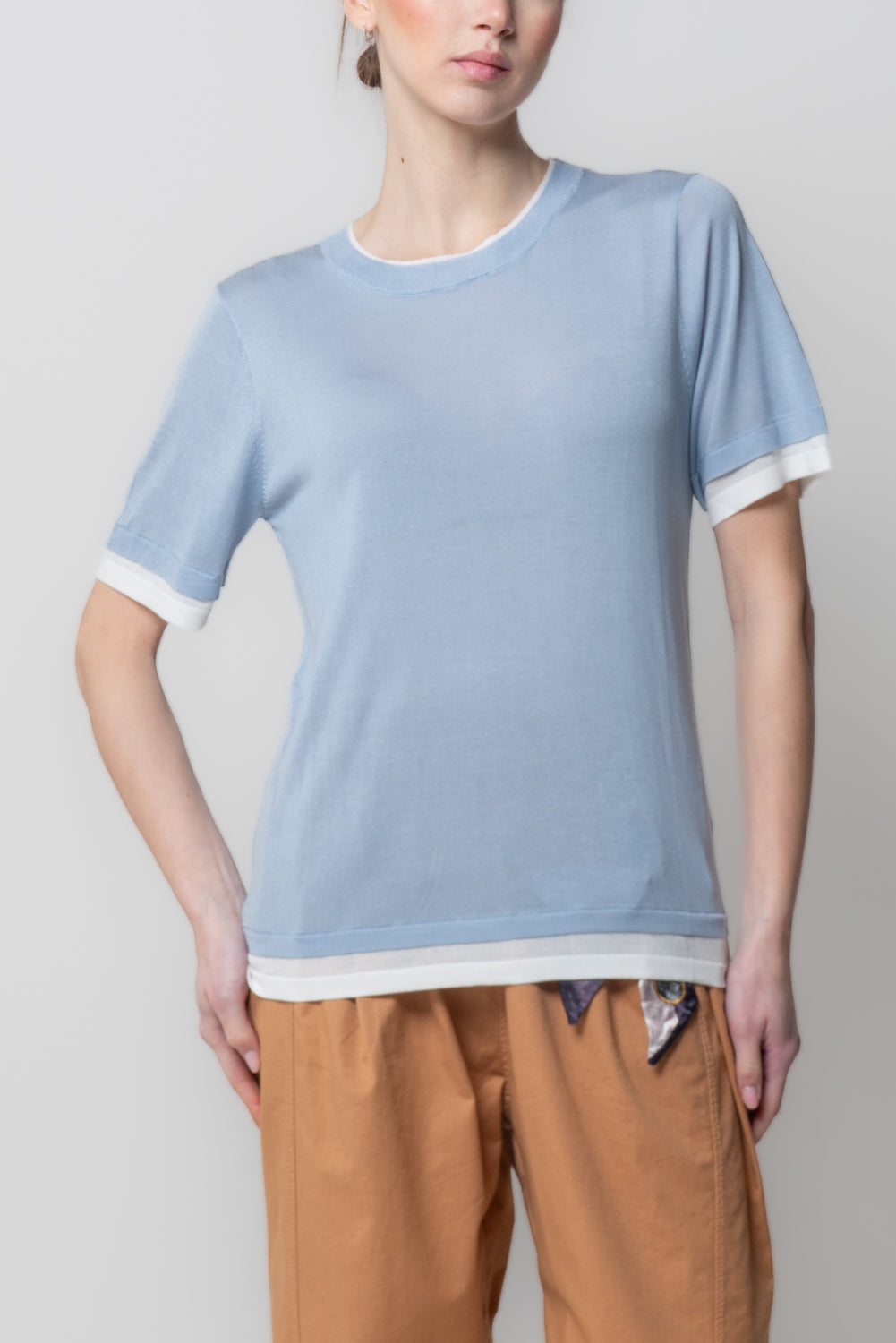 T-shirt in Maglia con Profili a Contrasto