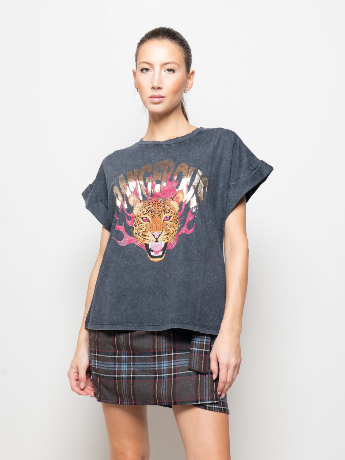 T-shirt girocollo con stampa grafica animalier